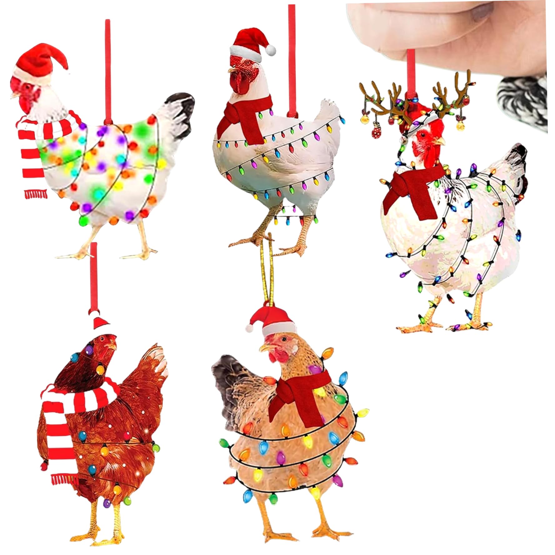 CAKEEYUM Chicken Christmas Ornaments 5Pcs 5 Style Hanging Chicken Decor with Hat & Scarf Flat Acrylic Christmas Decorations for Tree, Garland, Wreath Ornaments