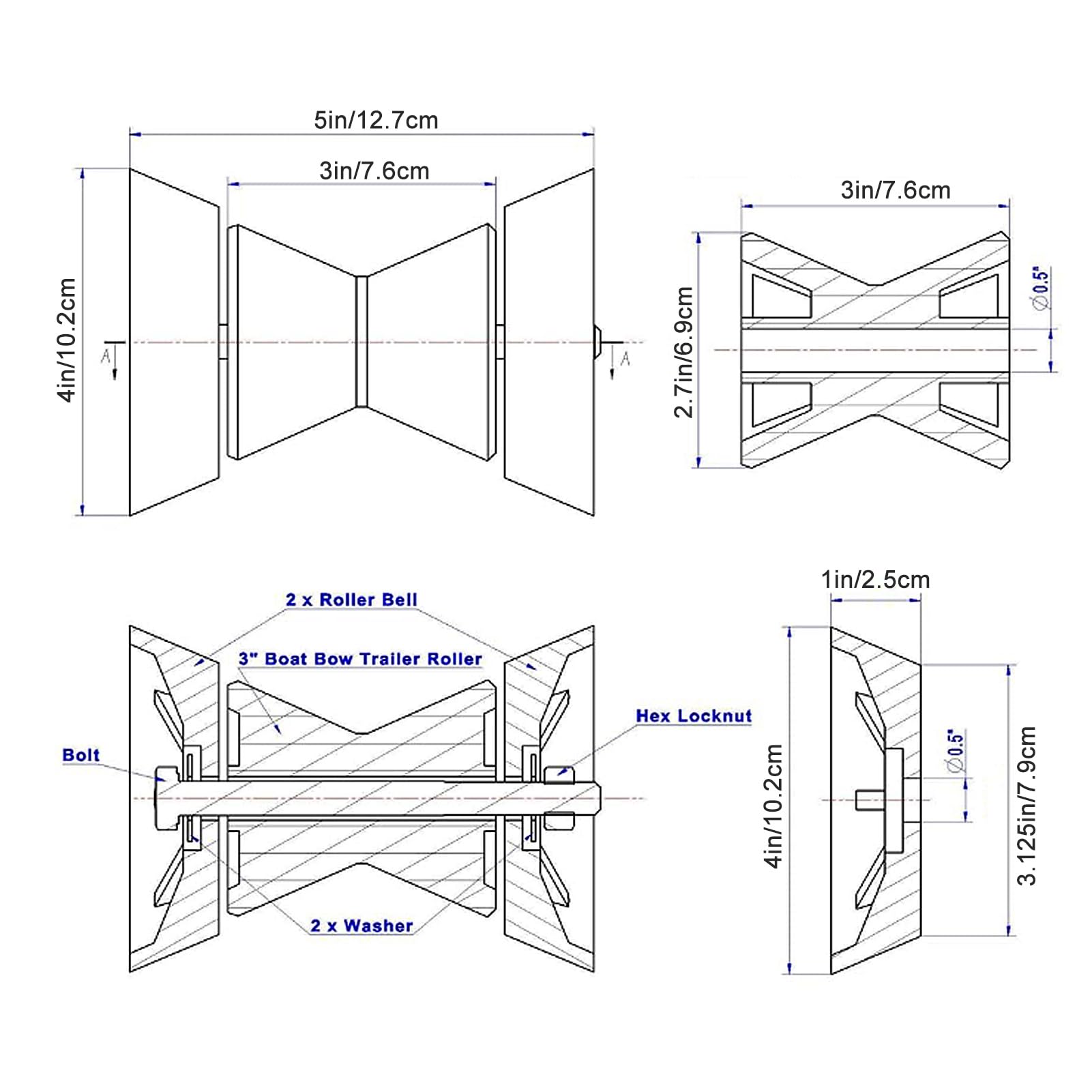 DMLENGOIN Bow Roller for Boat Trailer Shock Absorption Trailer Rollers Toughness Material Boat Roller 1/2in Shaft 5in Width Bell Stop 3in Bracket for Shock Yachts and Boats