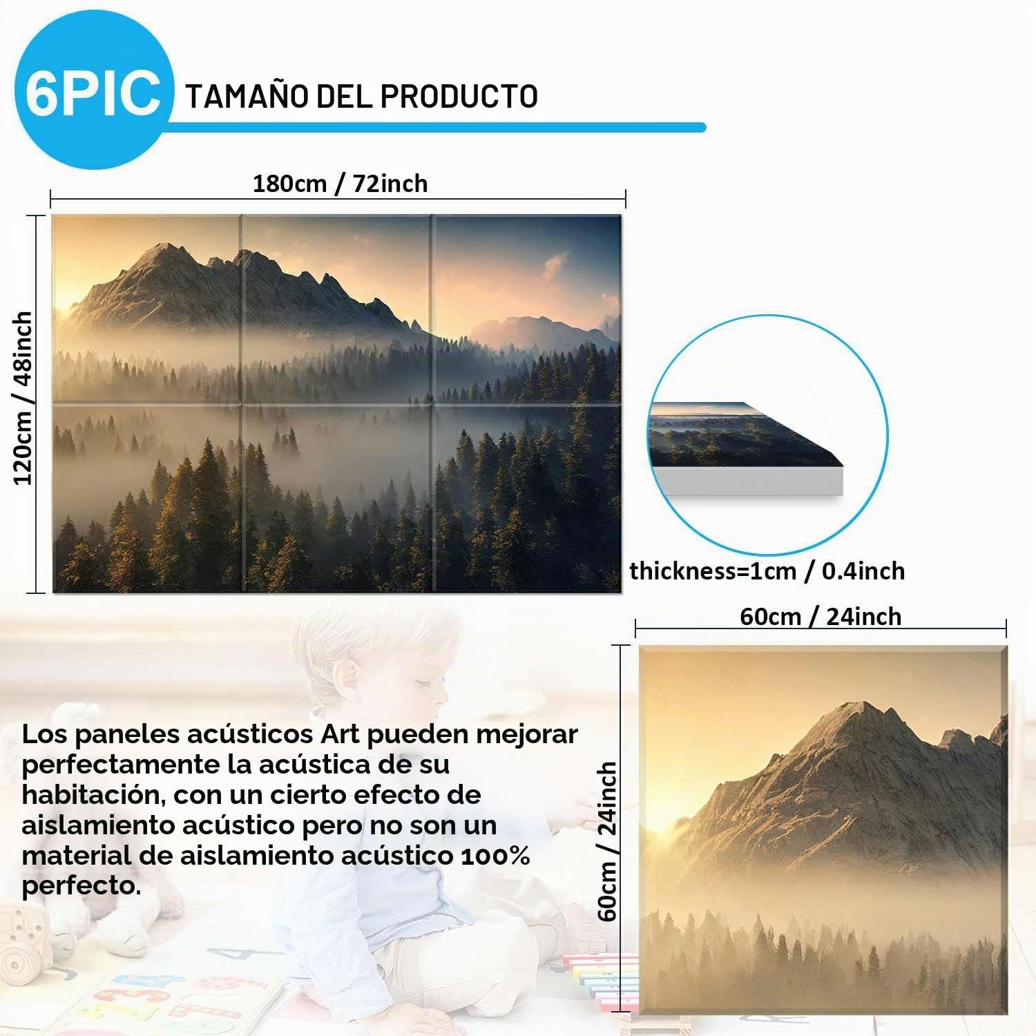 Paneles acústicos Art, paquete 6 pinturas arte pared grandes autoadhesivas para decoración paredes, paneles absorbentes sonido para estudio grabación, sala estar, 183 x 122 cm (Misty Forest)