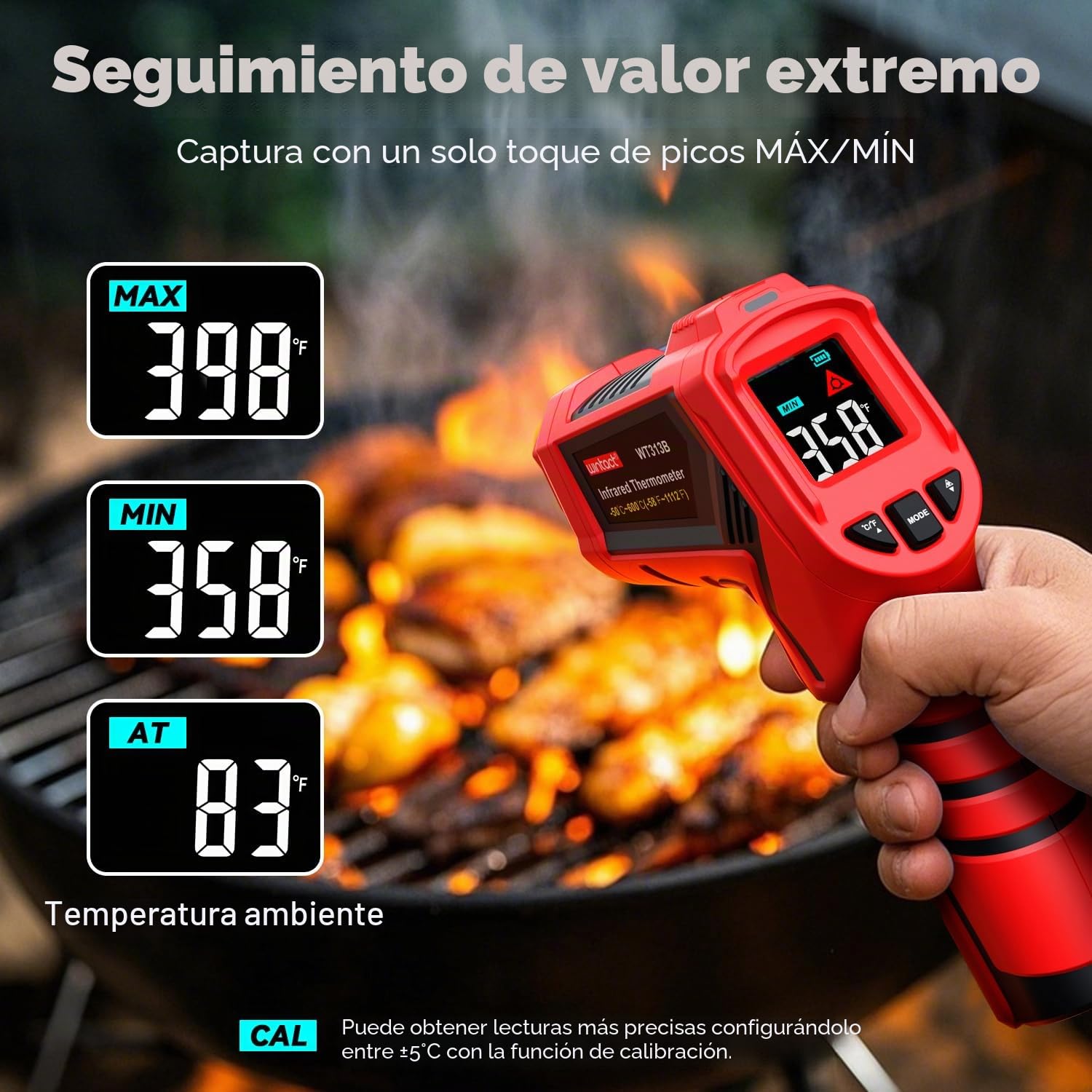 Wintact Pistola de termómetro infrarrojo láser, pistola de temperatura de calor de superficie, termómetro digital sin contacto para cocina, cocina, horno de pizza, barbacoa, plancha (WT313B)