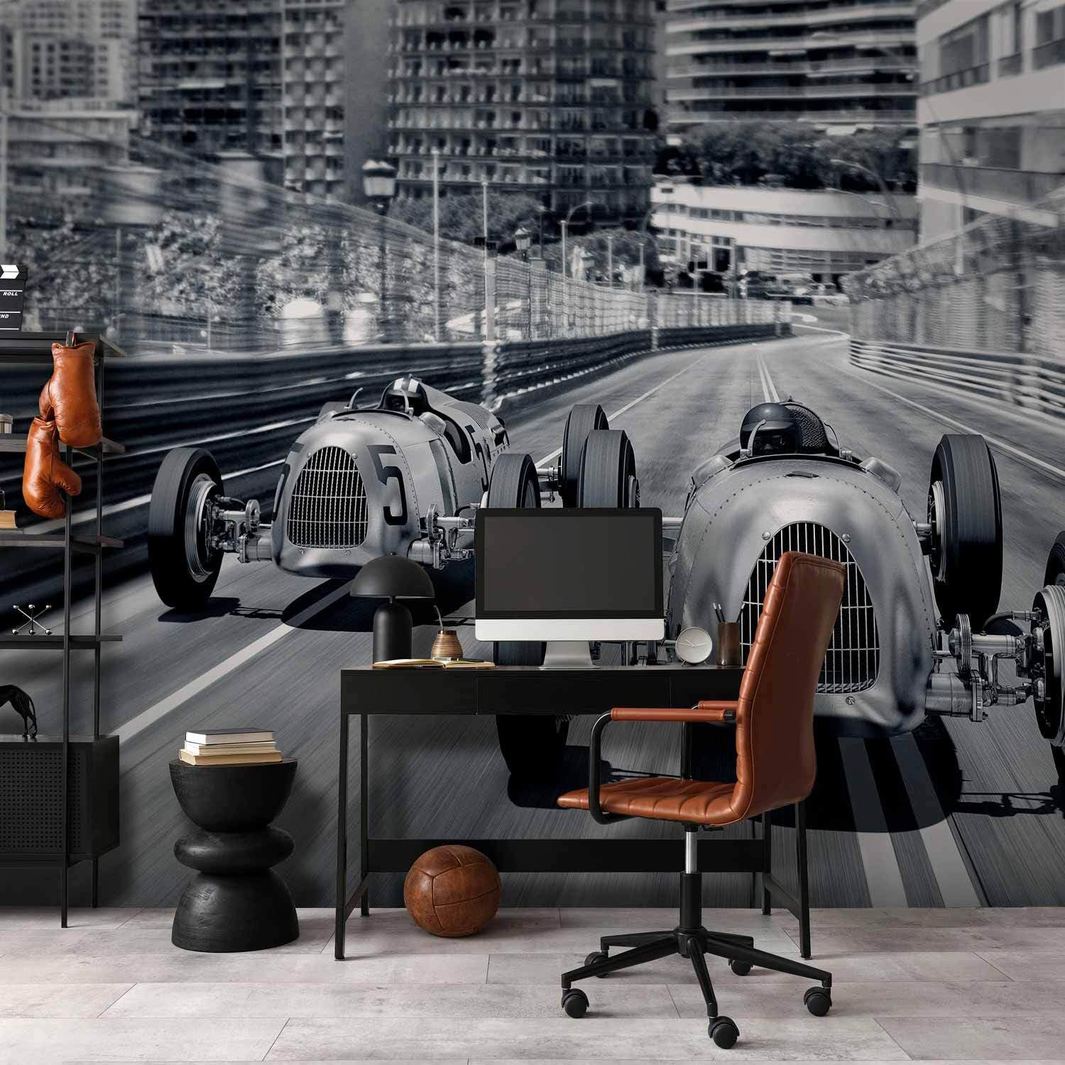 decomonkey Premium Fototapete Auto, 350x256 cm, XXL, Rennen grau, Vlies | Schlafzimmer, Wohnzimmer, Design, Tapete, Fototapeten, Tapeten, Vliestapete, Wandtapete, moderne, Wand