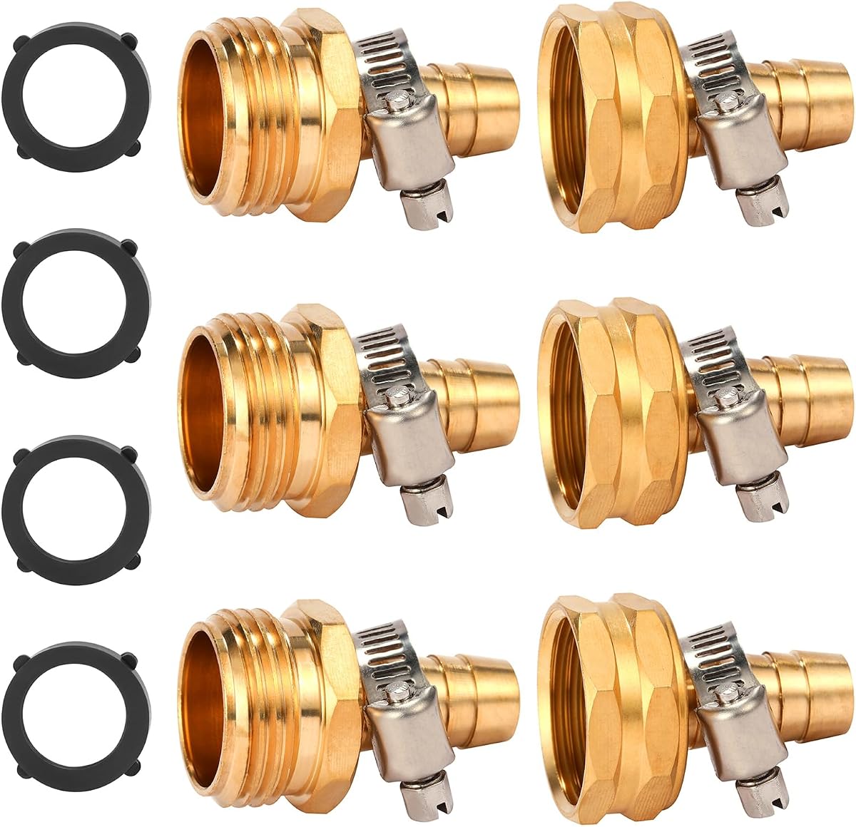 Kit de reparación de conector de manguera de jardín de latón con abrazadera inoxidable, se adapta a manguera de agua de 1/2", 3 juegos (1/2" púa x 3/4" GHT) | 3 juegos, 1/2" púa x 3/4" GHT, con abrazadera de acero inoxidable