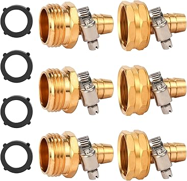 Brass Garden Hose Connector Repair Mender Kit with Stainless Clamp,Fits 1/2" Water Hose Fitting,3 Sets1/2" Barb x 3/4" GHT
