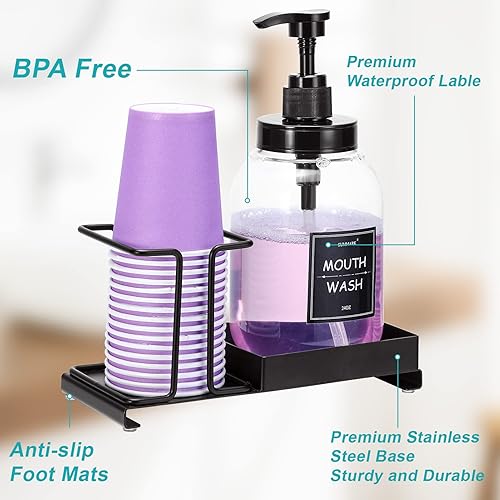 Miniatura 4 de Summark Dispensador de enjuague bucal para baño botella de bomba de enjuague bucal con soporte de taza de acero inoxidable contenedor de enjuague