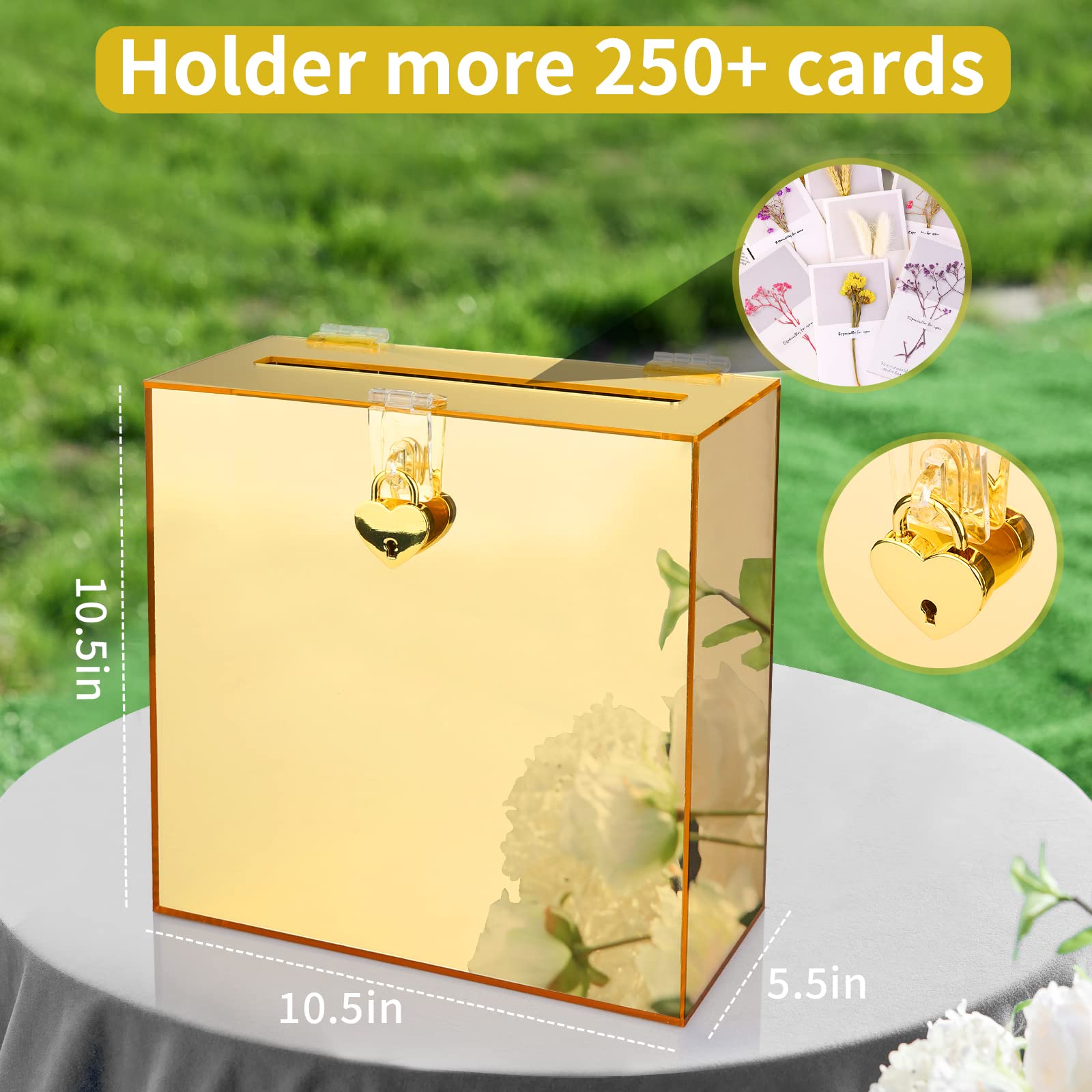 Gold Mirror Wedding Card Box With Lock,Safe,Elegant,Sturdy,Easy to Use Without Assembly.10?ù10?ù5.5 in