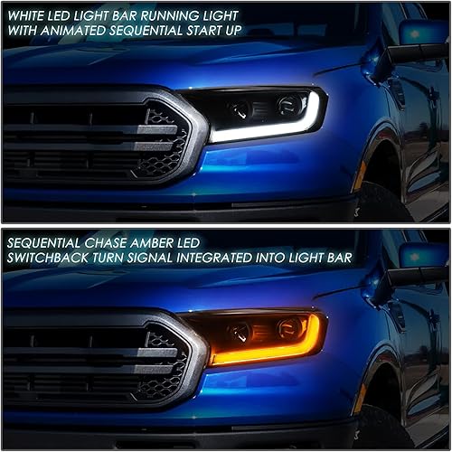 Miniatura 7 de DNA MOTORING HL-HPL-FR19-BK-CL1 LED DRL secuencial Chase Switchback Turn Signal Dual Proyector Negro Compatible con Ranger 19-22 XL XLT