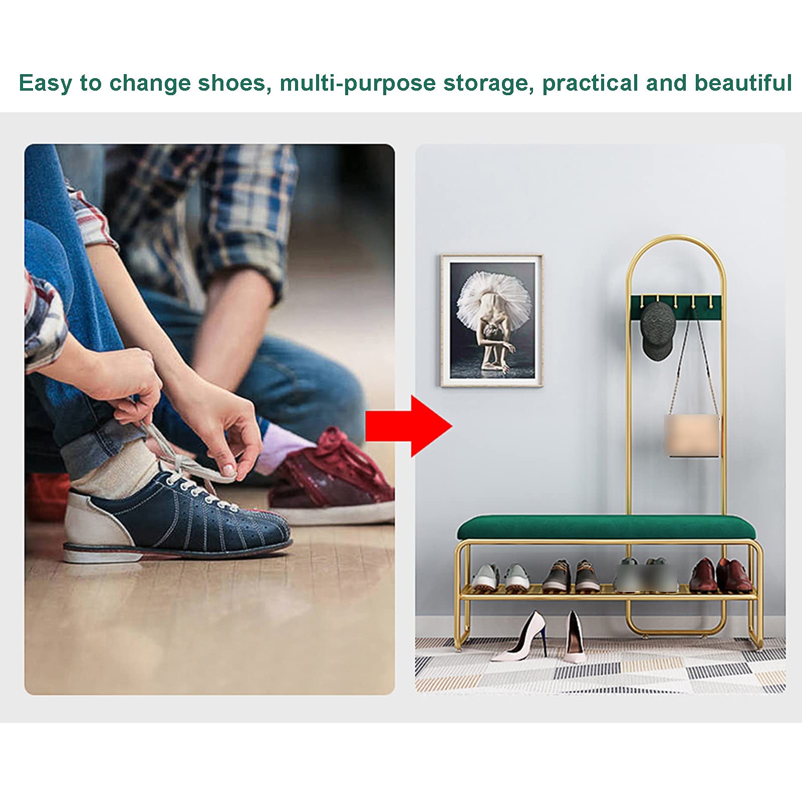 XINGLL - Appendiabiti in metallo antiruggine con panca, versatile, per ingresso, camera da letto, ufficio, perfetto per indumenti, scarpe, cappelli, borse, facile da montare