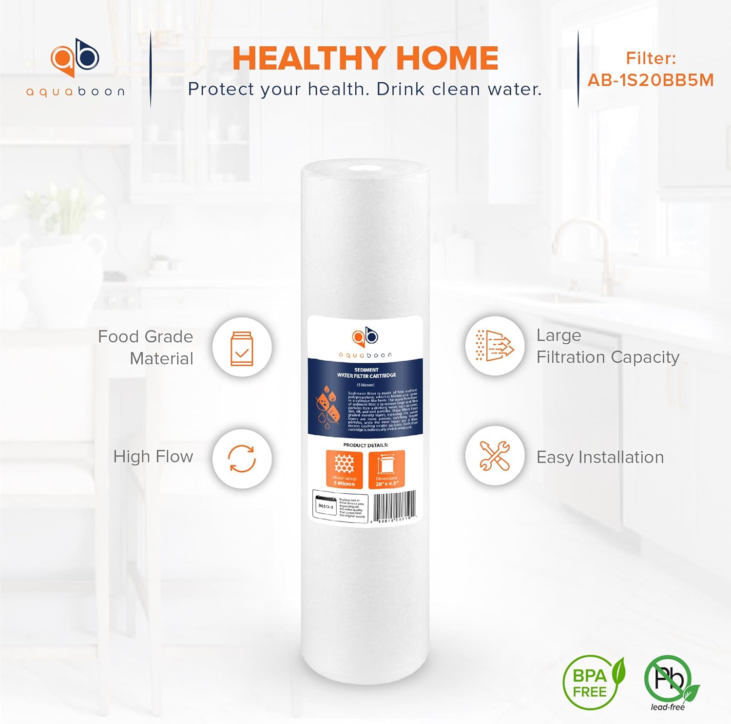 Aquaboon 5 Micron 20 x 4.5 Whole House Water Filter Replacement Cartridge Set: Sediment, GAC & Carbon Filters for 3-Stage Water Filtration System 1 Pack