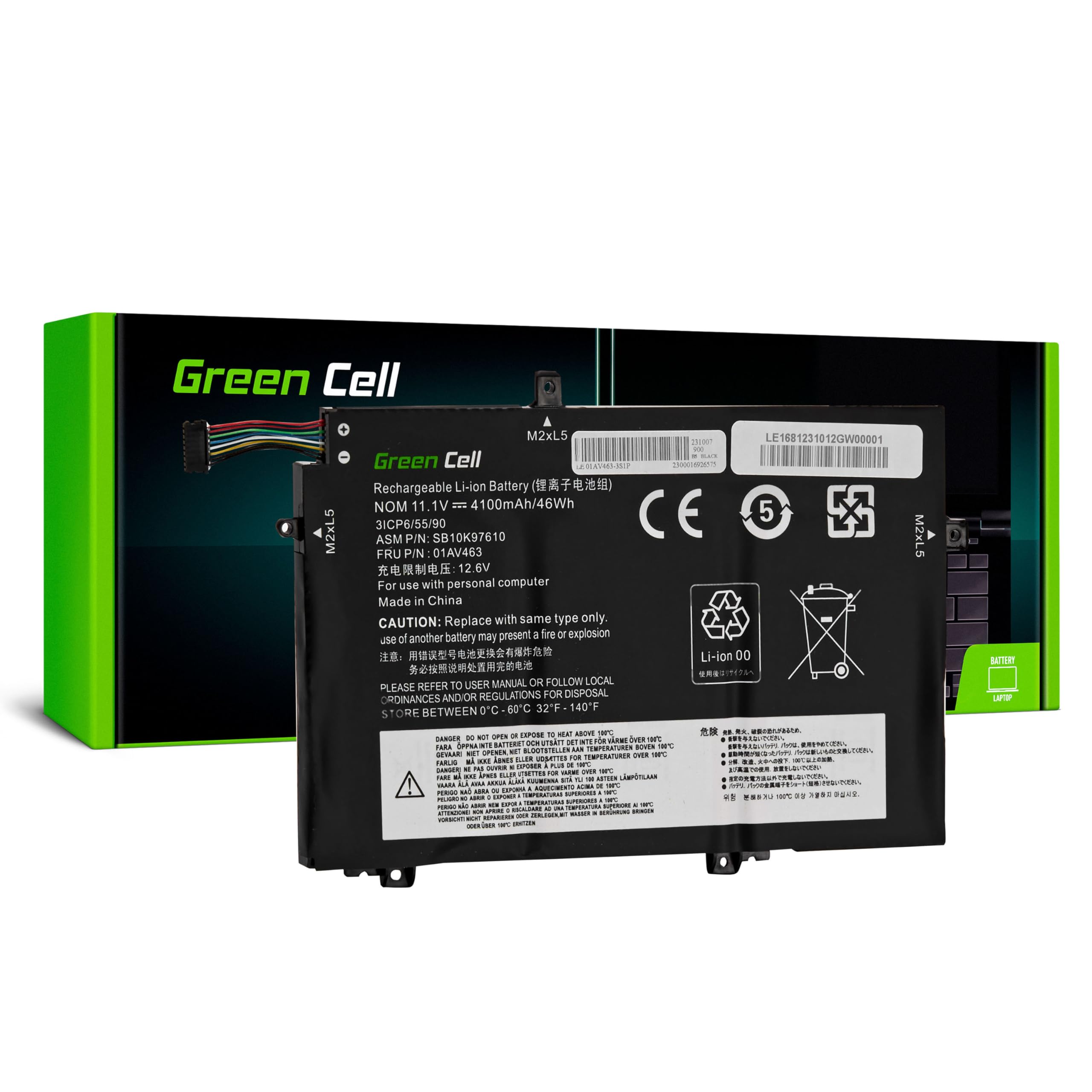 Green Cell L17C3P52 L17L3P52 L17M3P53 L17M3P54 Battery for Lenovo ThinkPad L480 L490 L580 L590 L14 L15 Gen 1 Gen 2 Laptop (4100 mAh 11.1 V Black)