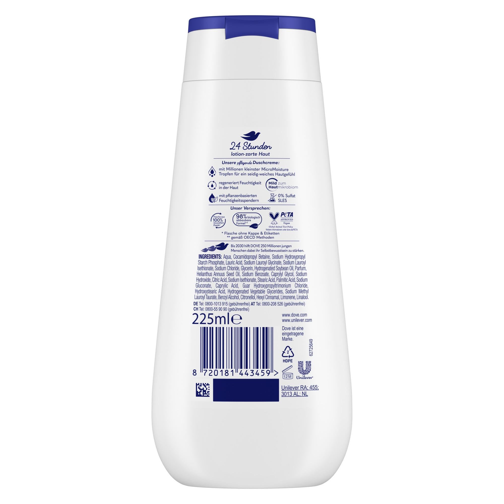 Dove Advanced Care Duschcreme Reichhaltige Pflege für 24 Stunden lotion-zarte Haut direkt aus der Dusche mit Pro-Ceramide Technology 225 ml