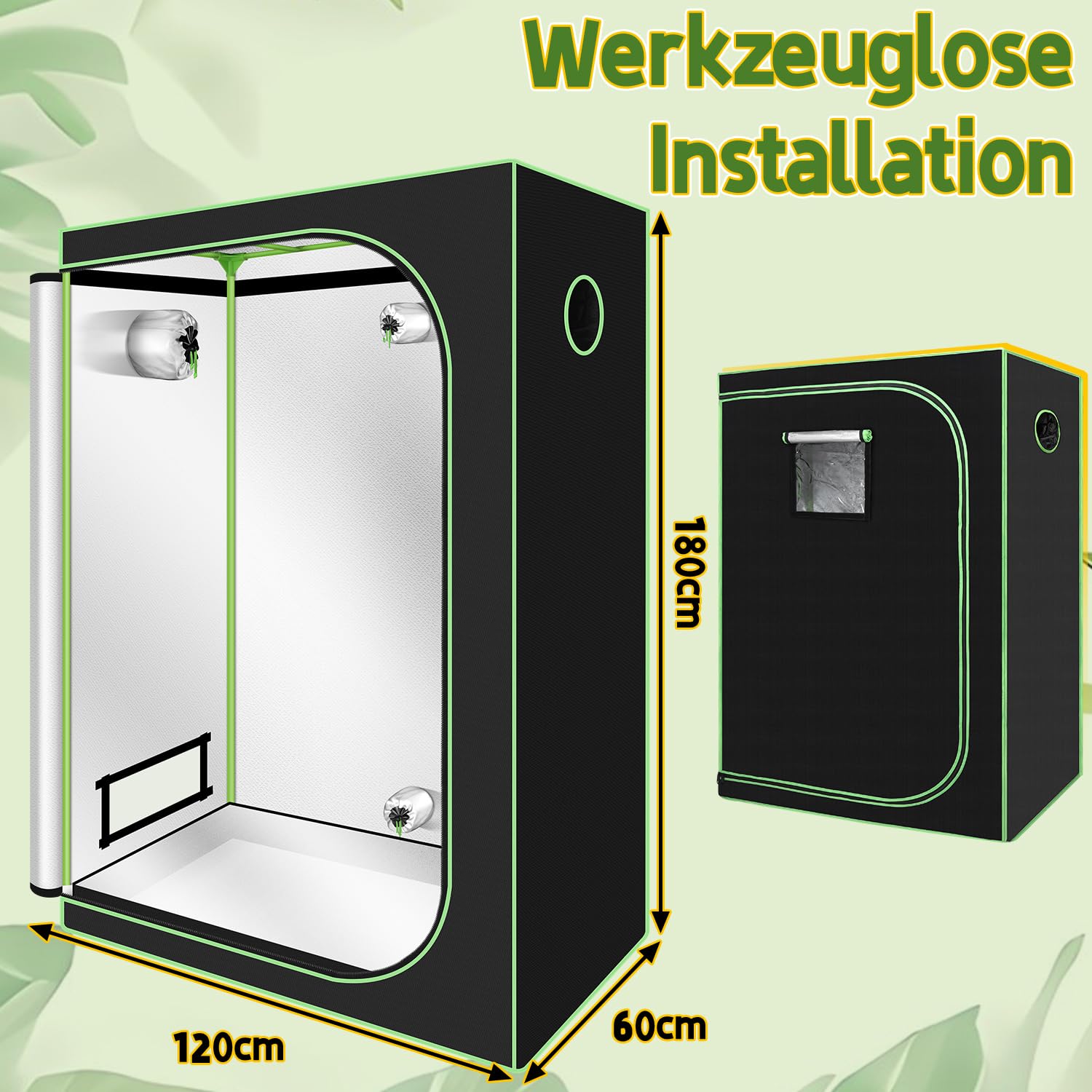Grow Tent Growzelt 120x60x180cm, Lichtdicht und Wasserdicht Growschrank mit Beobachtungsfenster, Luftig Gewächshaus Growroom für Homegrowing, Indoor-Anbau