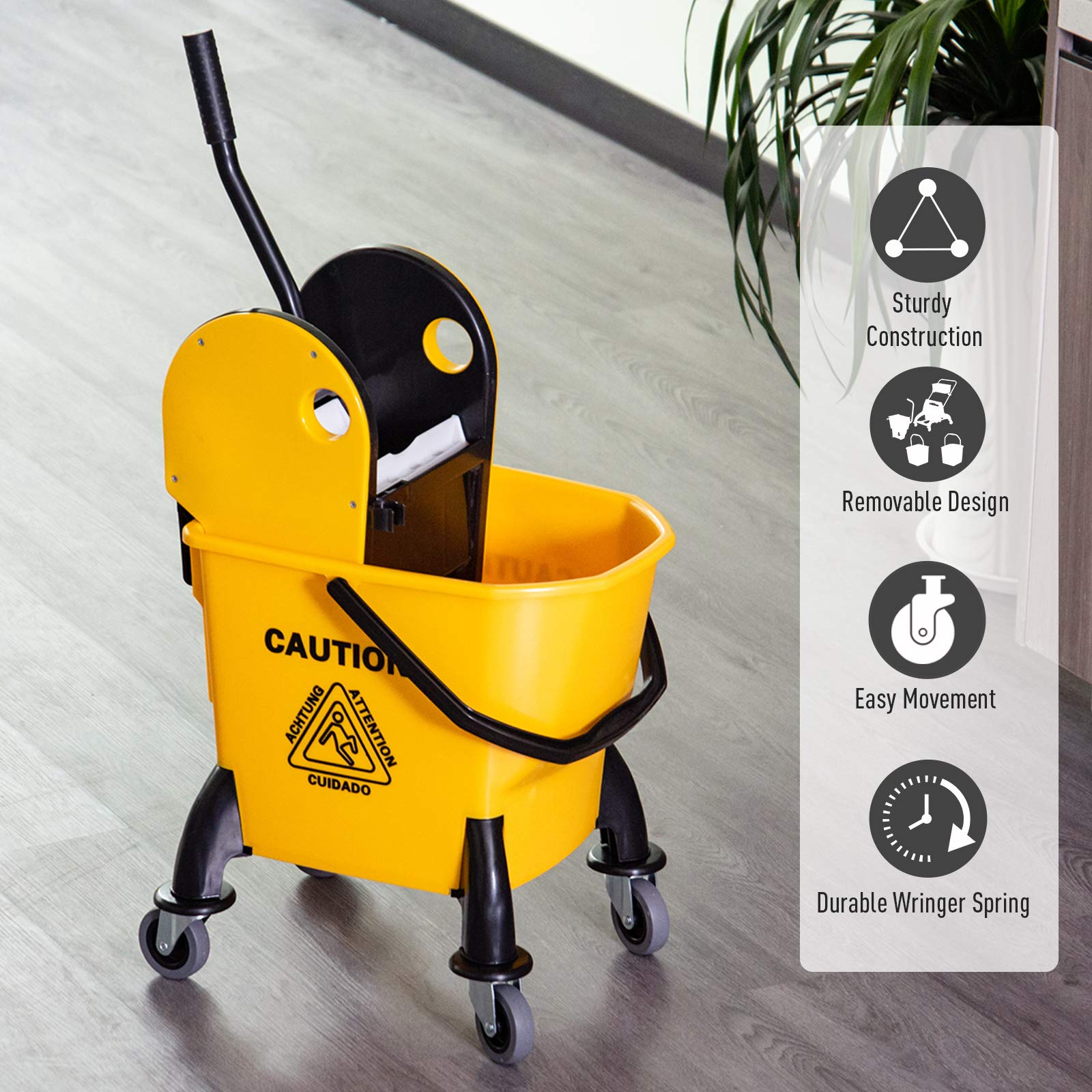HOMCOM Cubo de fregona de 26 litros y escurridor de Agua con 4 Ruedas, Cuerpo de plástico, Mango de Metal, Soporte para Poste de Limpieza Comercial para el hogar, Carrito de Piso, Color Amarillo