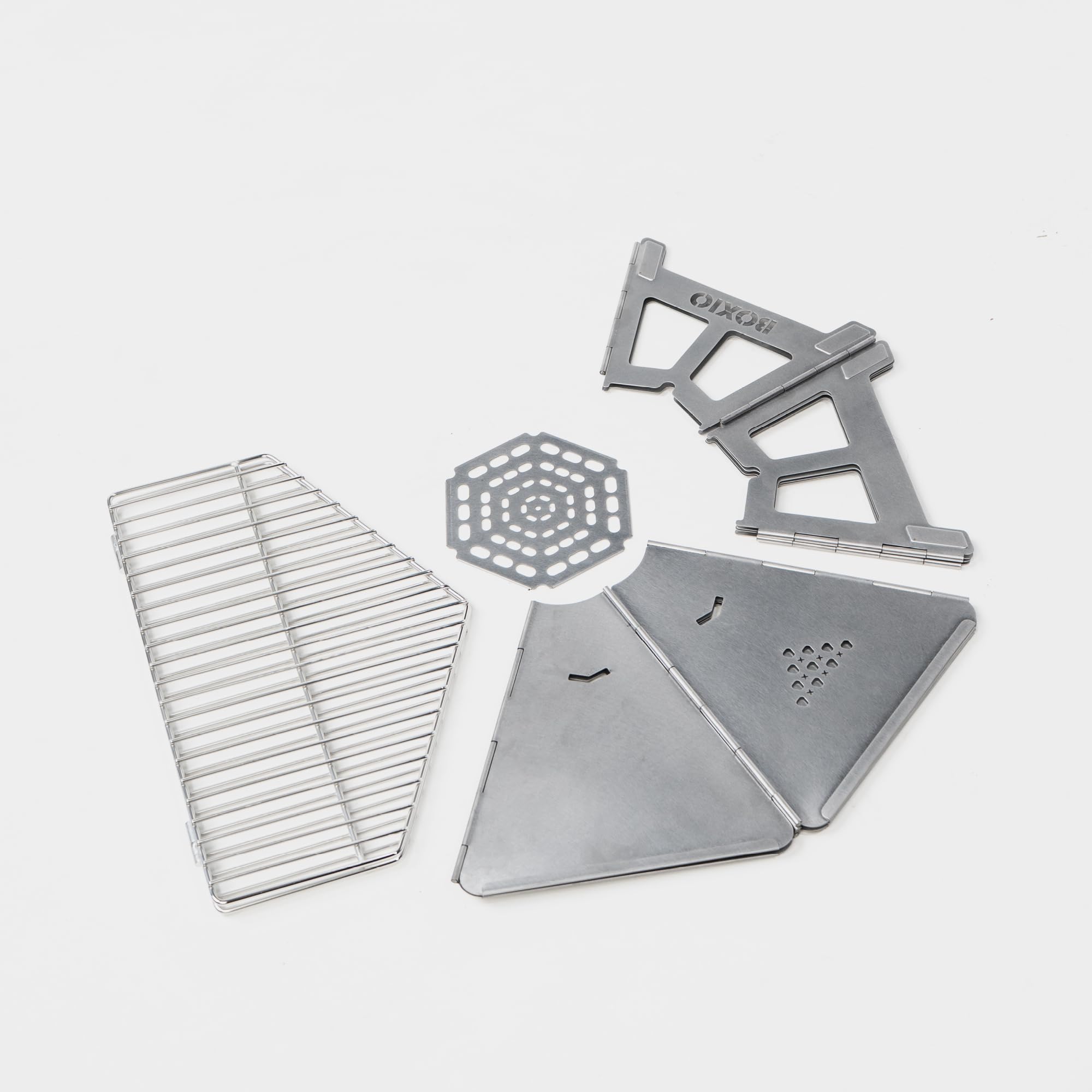 BOXIO - Fire : brasero en acier inoxydable avec grille de cuisson – Cheminée octogonale d'extérieur et barbecue de camping, petit brasero avec protection contre les étincelles, mini tonneau à feu et