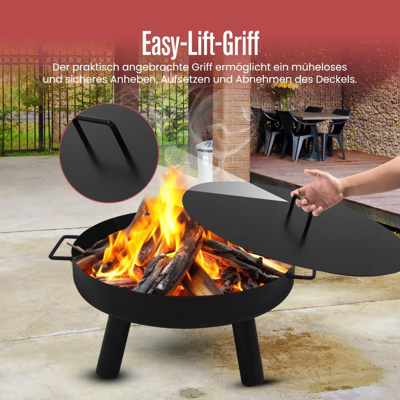 Abdeckung passend für Feuerschale Ø 60 cm, Abdeckung für Feuerstelle für den Garten, Terrasse und Balkon, Stahl,Schwarz