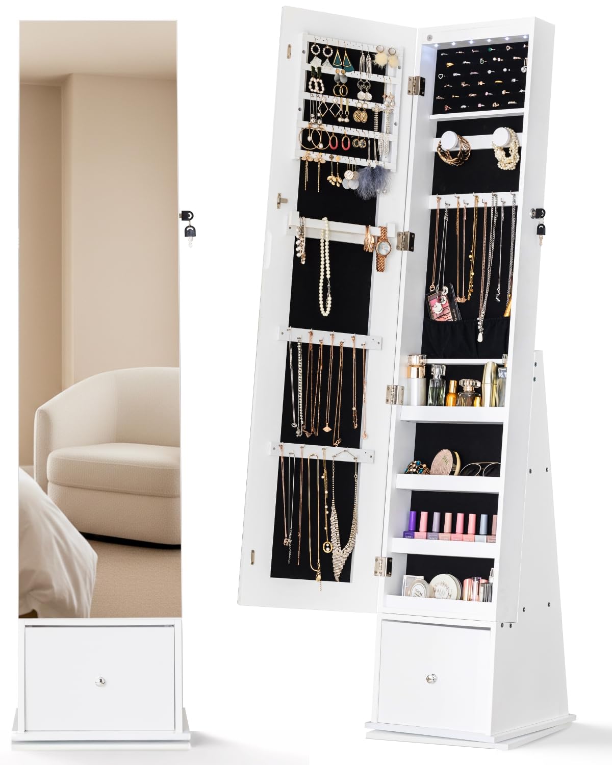 LUXFURNI 360° drehbarer Schmuckschrank mit Spiegel, 157cm Höhe Schmuckschrank Stehend, Standspiegel Mit Stauraum, 1 tiefe Schublade, Abschließbarer Spiegel Schrank, Weiß