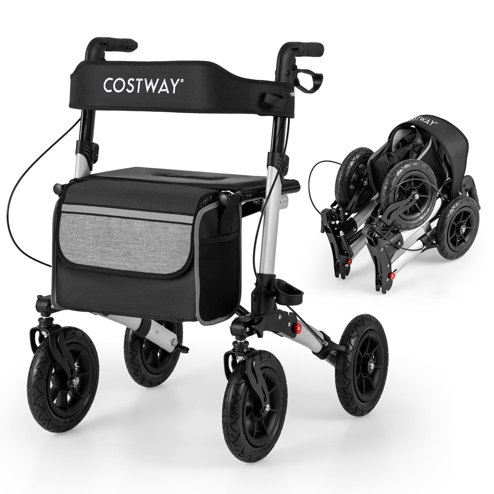 COSTWAY Andador para Ancianos con Asiento, Taca Taca Adultos Plegable, Altura Ajustable 81,5 a 97 cm, 4 Ruedas de Neumáticos, Caminadores para Mayores, Estructura de Aluminio Ligera (plata)