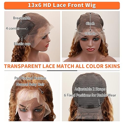 Miniatura 20 de Pelucas de cabello humano ondulado profundo con encaje frontal de 13 x 4, densidad del 180 %, pelucas de cabello humano rizado con encaje frontal