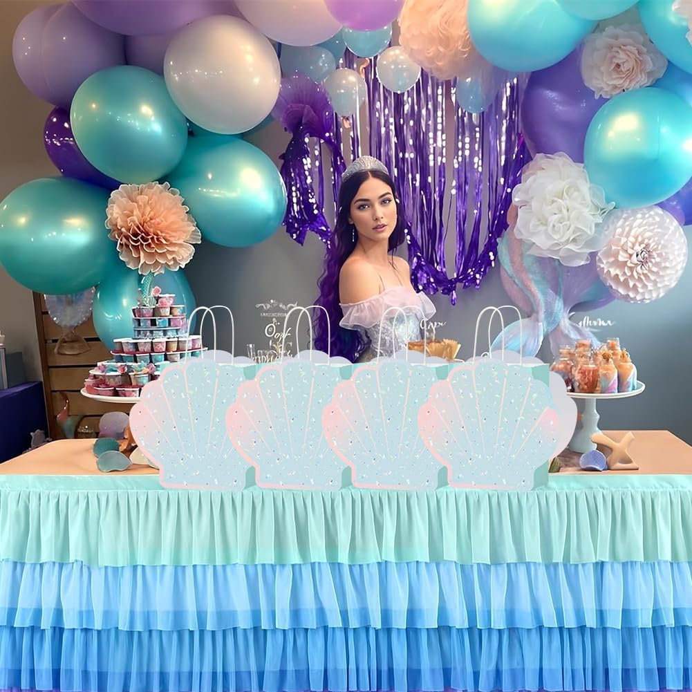 12 Pcs DIY Mermaid Them Party Favor Bags with Holographic Sea Shell Shaped Paper Cards for Under the Sea Ocean Mermaid Theme Birthday Party Supplies