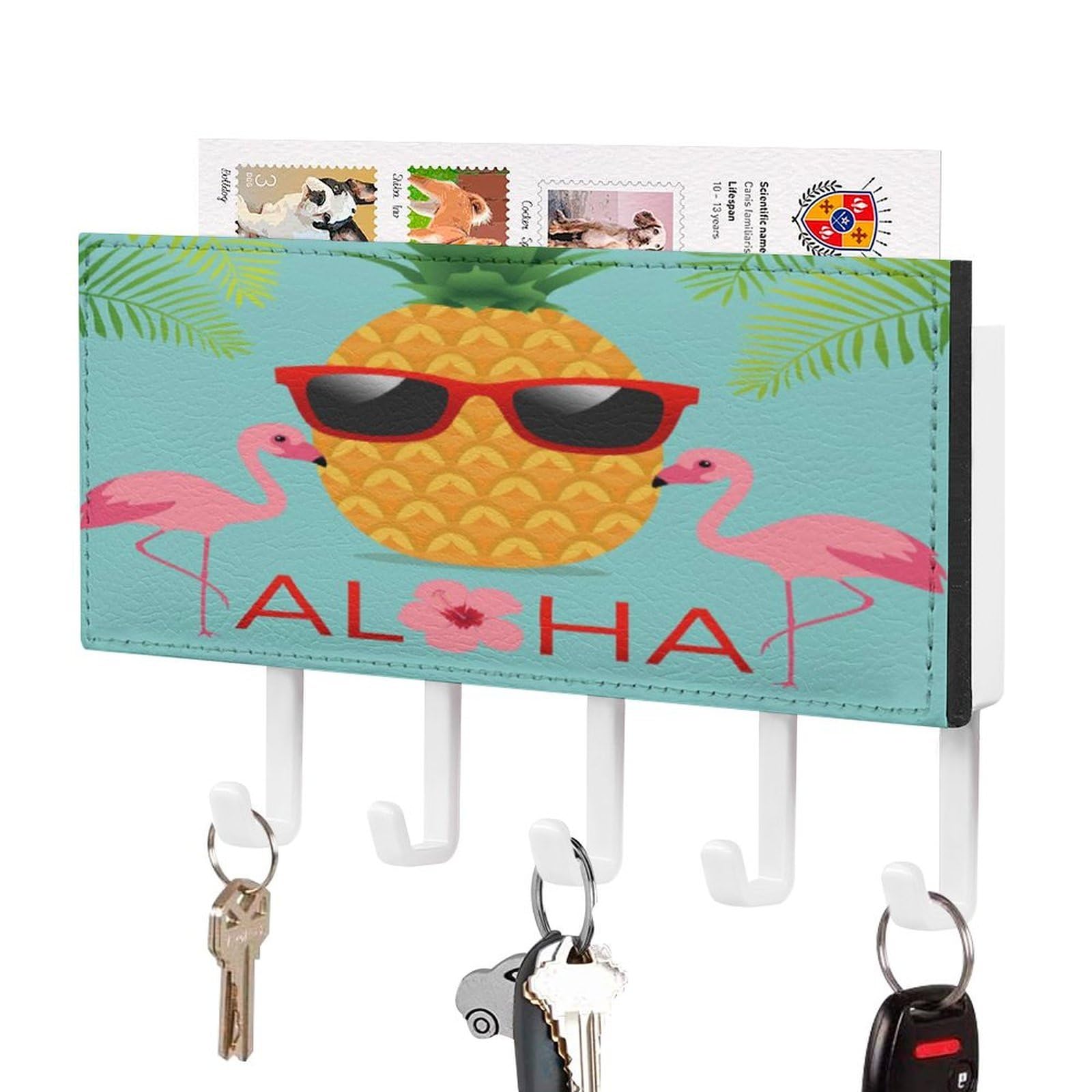 NCLQVJXZKHW Aloha Pineapple and Flamingo Key Holder with 5 Hooks Key Hooks Wall Mounted Key Racks Key Hanger Organiser Shelf