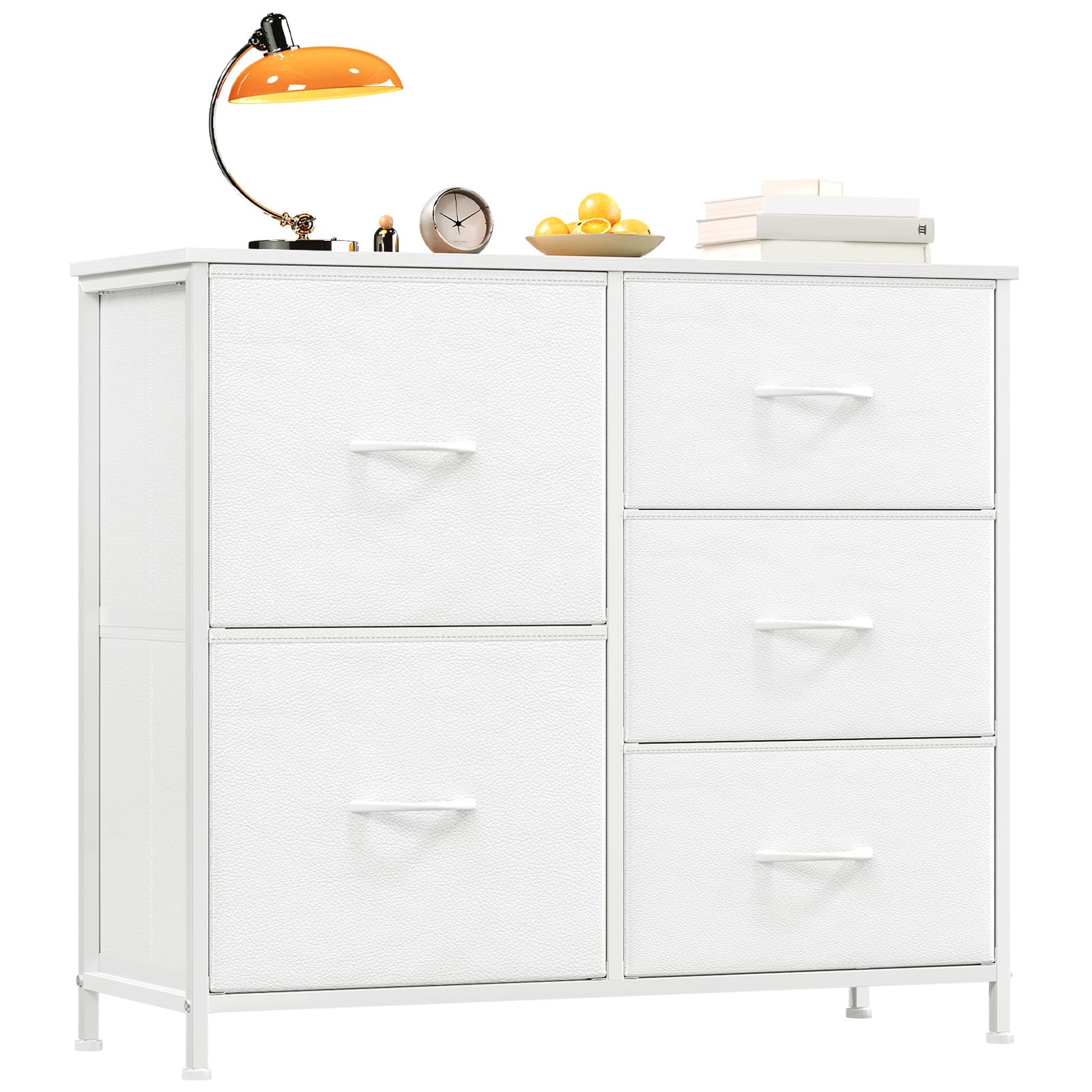 Somdot Chest of Drawers for Bedroom with 5 Drawers, Storage Cabinet Storage Unit with Fabric Drawers for Closet Nursery Living Room Laundry Hallway, White Leather