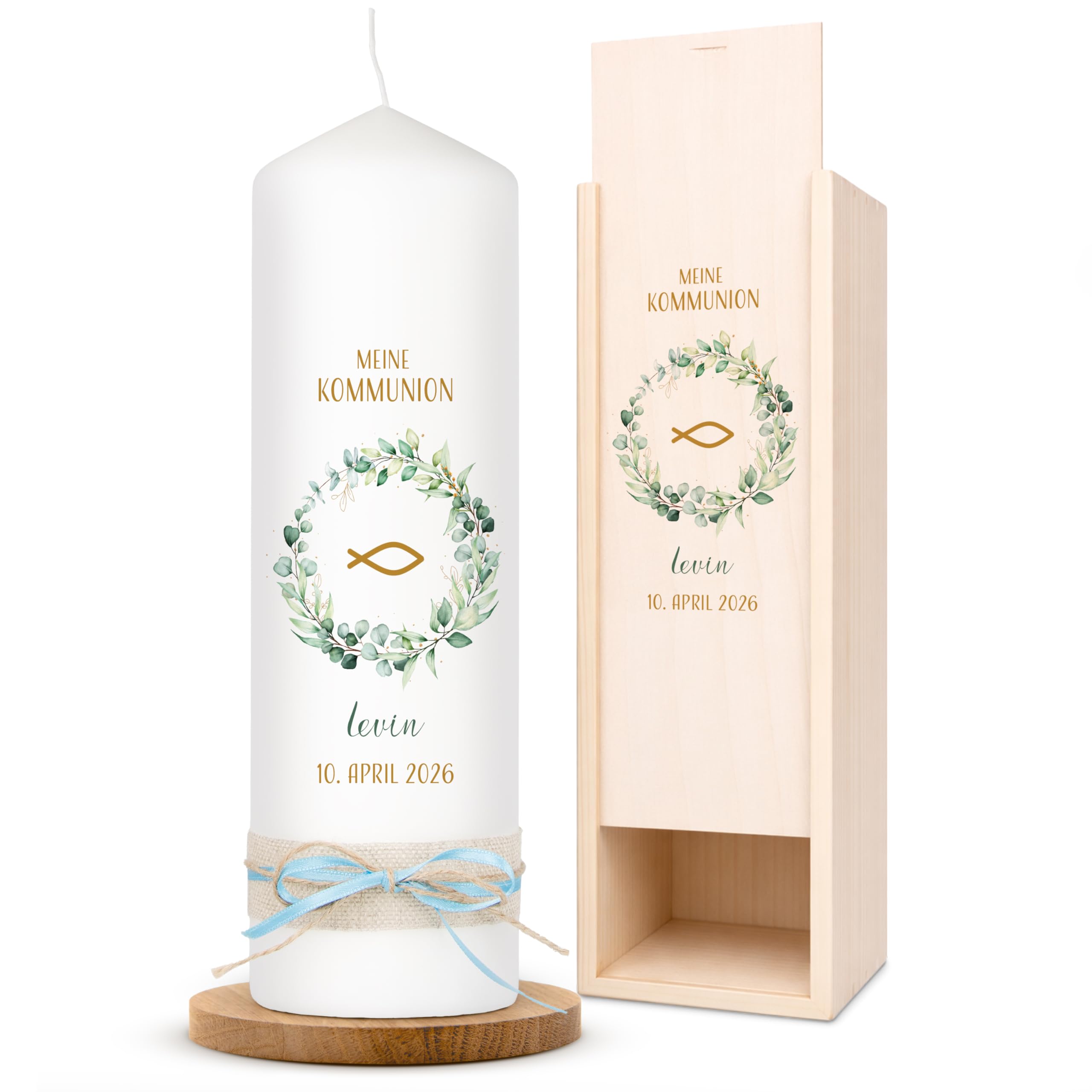 AMARI ® Kommunionkerze personalisiert "Eukalyptus Fisch" H:25cm/⌀:8cm - Personalisierte Kommunionkerze für Jungen & Mädchen – Kerze zur Kommunion selbst gestalten