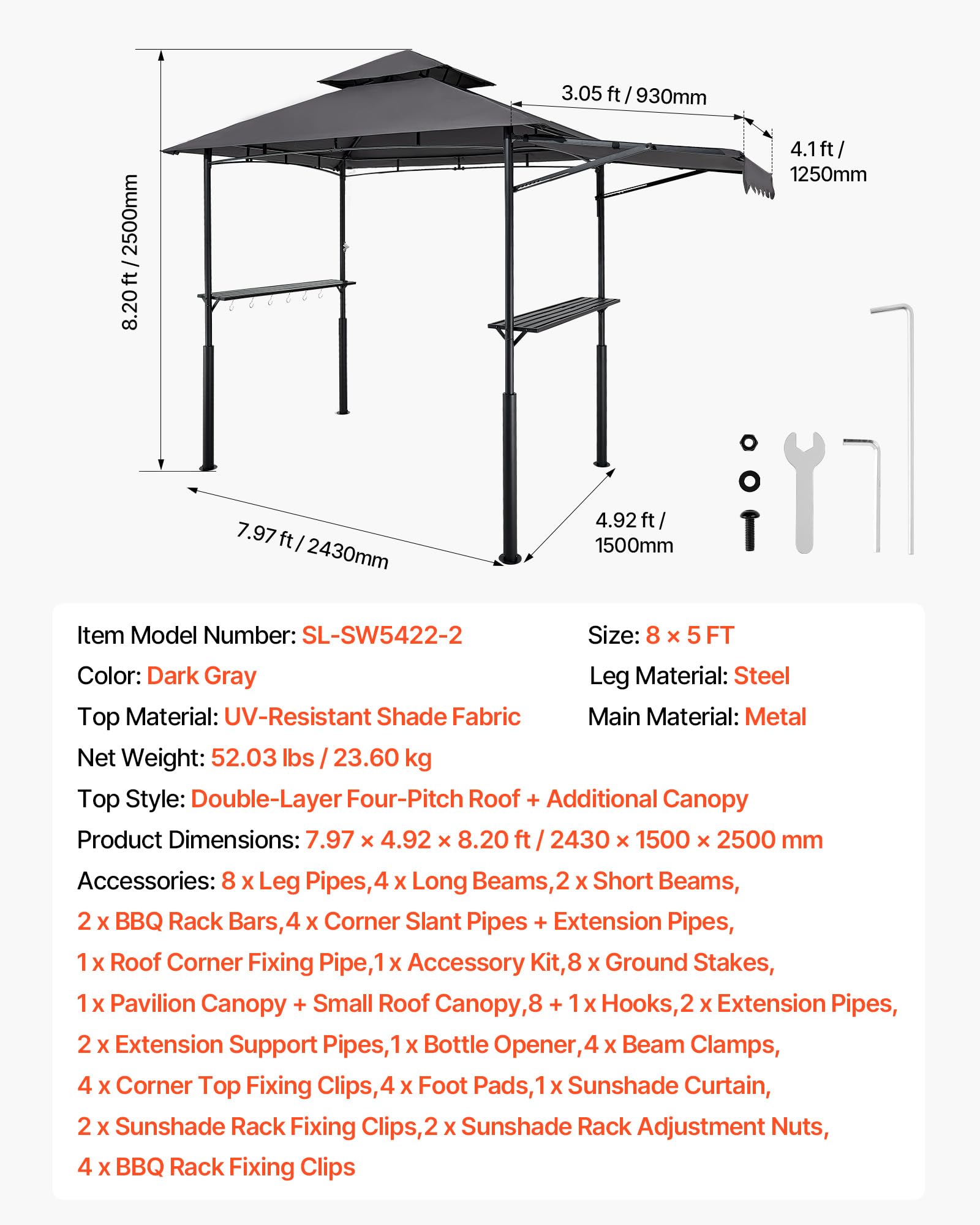 VEVOR Gazebo per Barbecue 243 x 150 cm, Gazebo per Barbecue da Esterno con Tetto Tettoia Parasole, Copertura per Barbecue da Giardino in Acciaio Verniciato a Polvere, per Grigliate, Feste, Picnic
