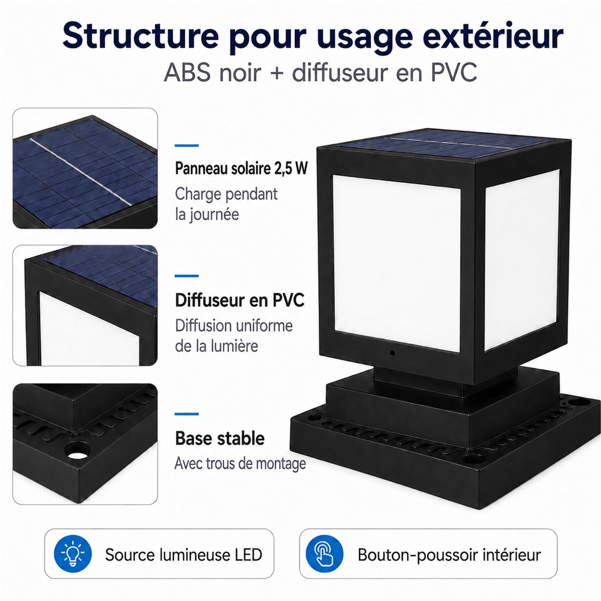 Borne Solaire Extérieur Jardin Potelet LED IP45 6000K Noir