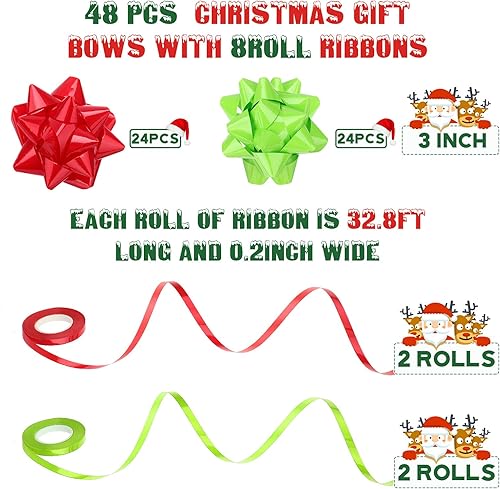 Miniatura 8 de Riceshoot 48 lazos de regalo autoadhesivos de Navidad con 8 rollos de cintas rizadoras de 3 pulgadas, lazos metálicos de Navidad para regalo de