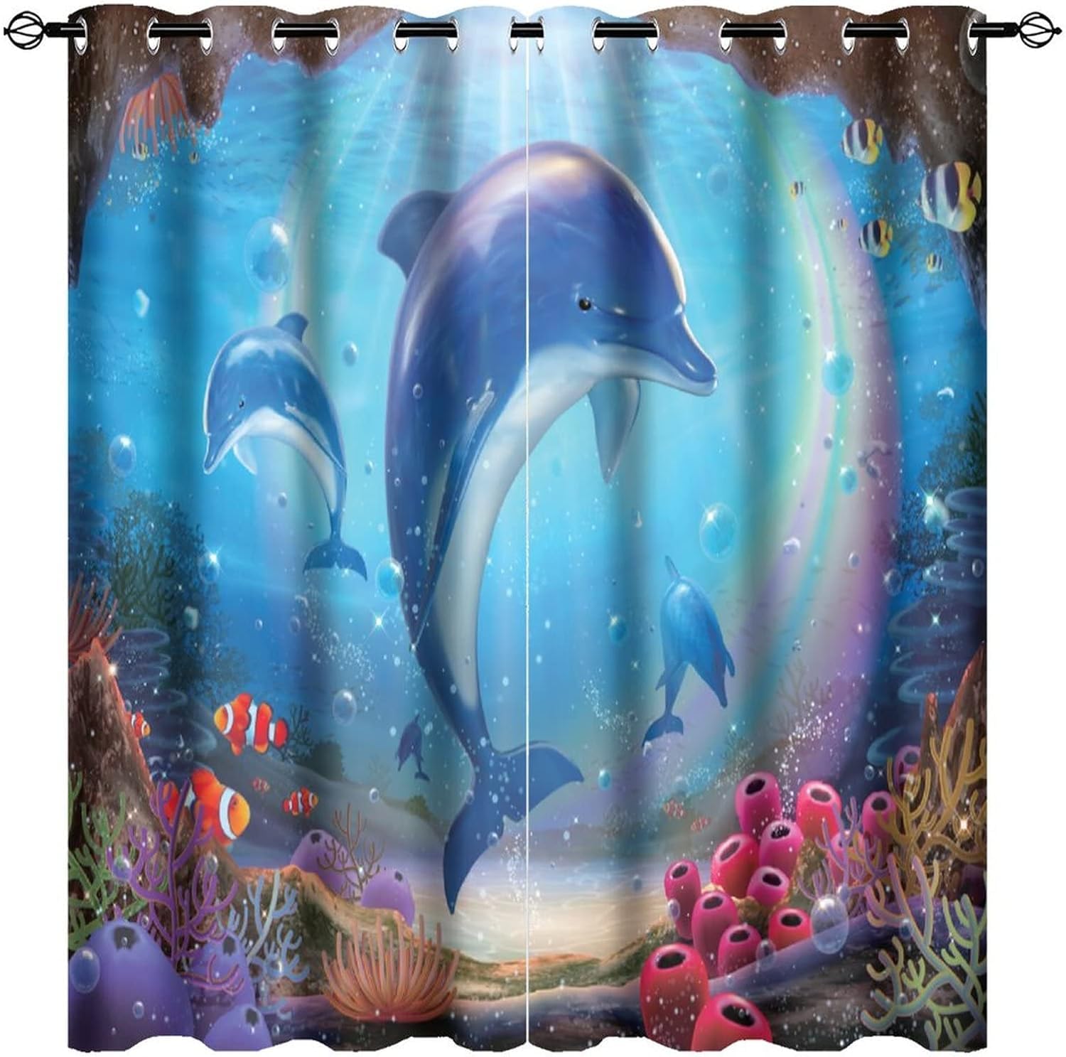 Rideaux occultants 3D dauphin 183x214 cm pour fenêtre de chambre