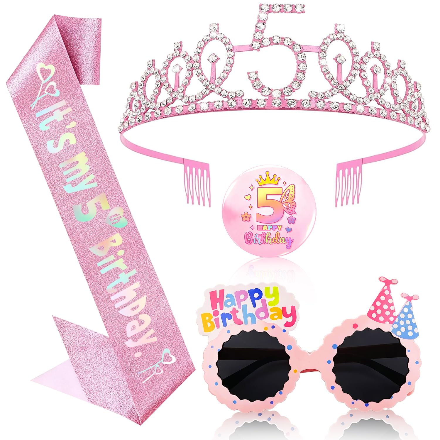 OLOSONG 5th Birthday Party Accessories Set - 4 Pcs Glitter Sash and Crown Kit with & Badge, Happy Birthday Sunglasses,5th Birthday Decorations Gifts