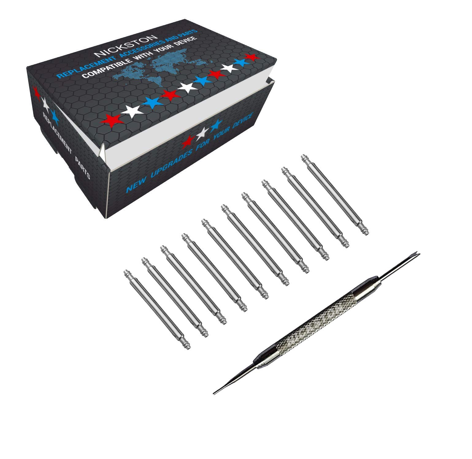 NICKSTON 10pcs Stainless Steel Spring Bar Pins with Tool for Any Watch or Buckle 8 9 10 11 12 13 14 15 16 17 18 19 20 21 22 23 24 25 26 mm Millimeters Lug Attachment (13mm, Silver 1.8mm Thickness)