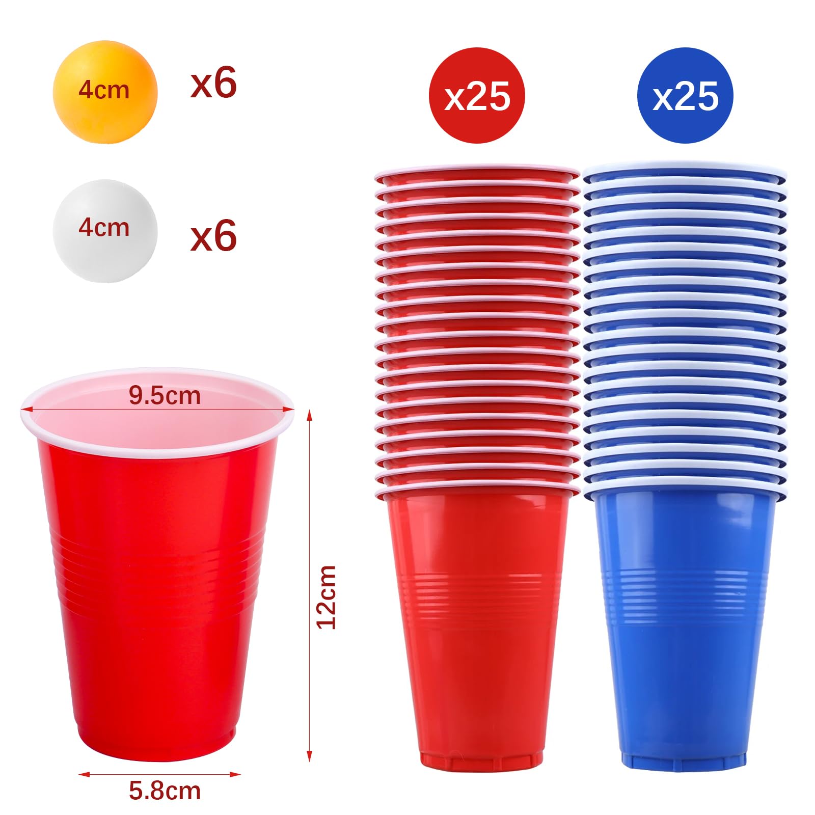 talifoca Set di bicchieri da birra per pong, con 50 bicchieri (500 ml) e 12 palline da ping pong, bicchieri riutilizzabili per feste, compleanni, festival, matrimoni e campeggio