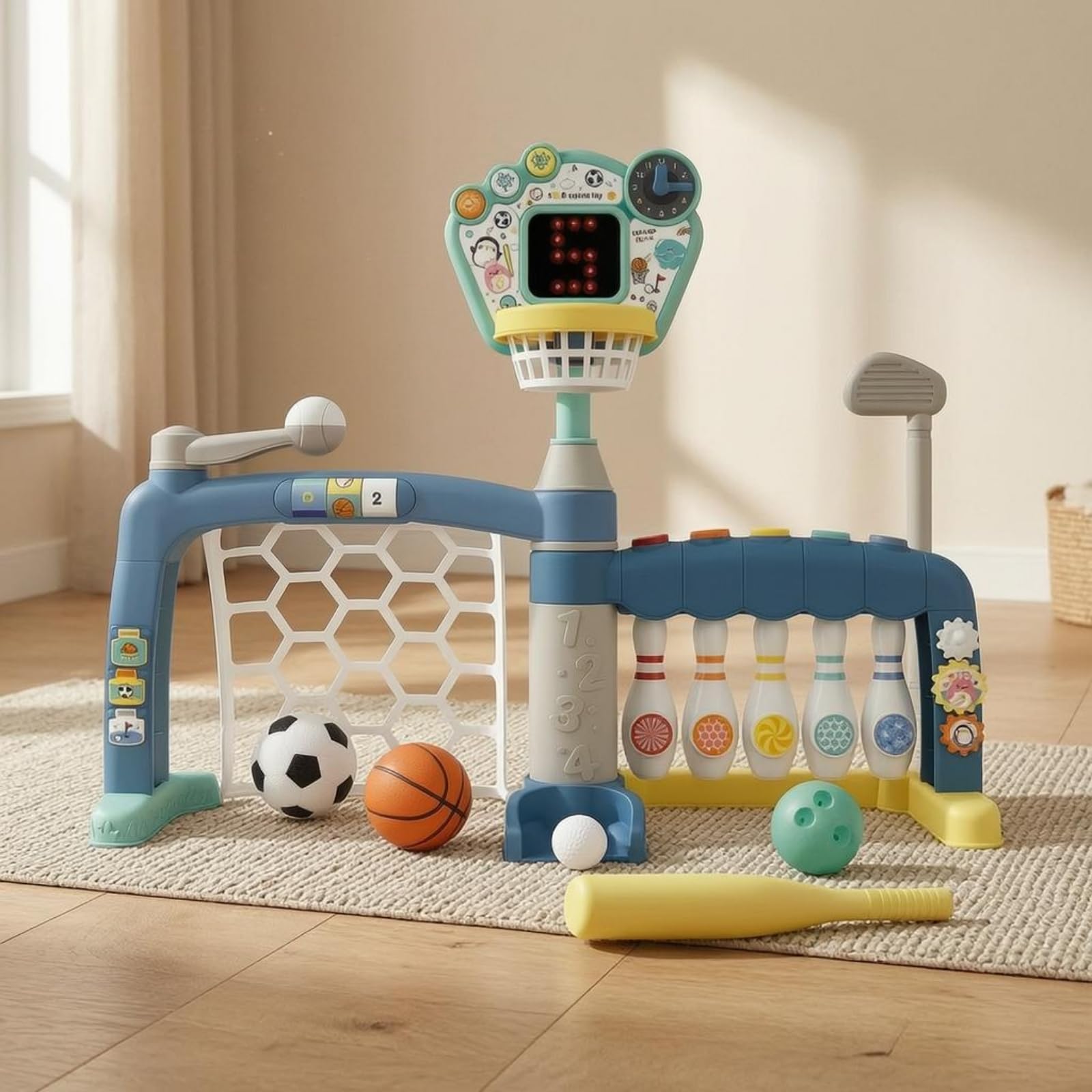 Gioco Sportivo 5 in 1 Multiattività Stazione da Basket e Base di Gioco Stabile Set Bowling Calcio per Bambini
