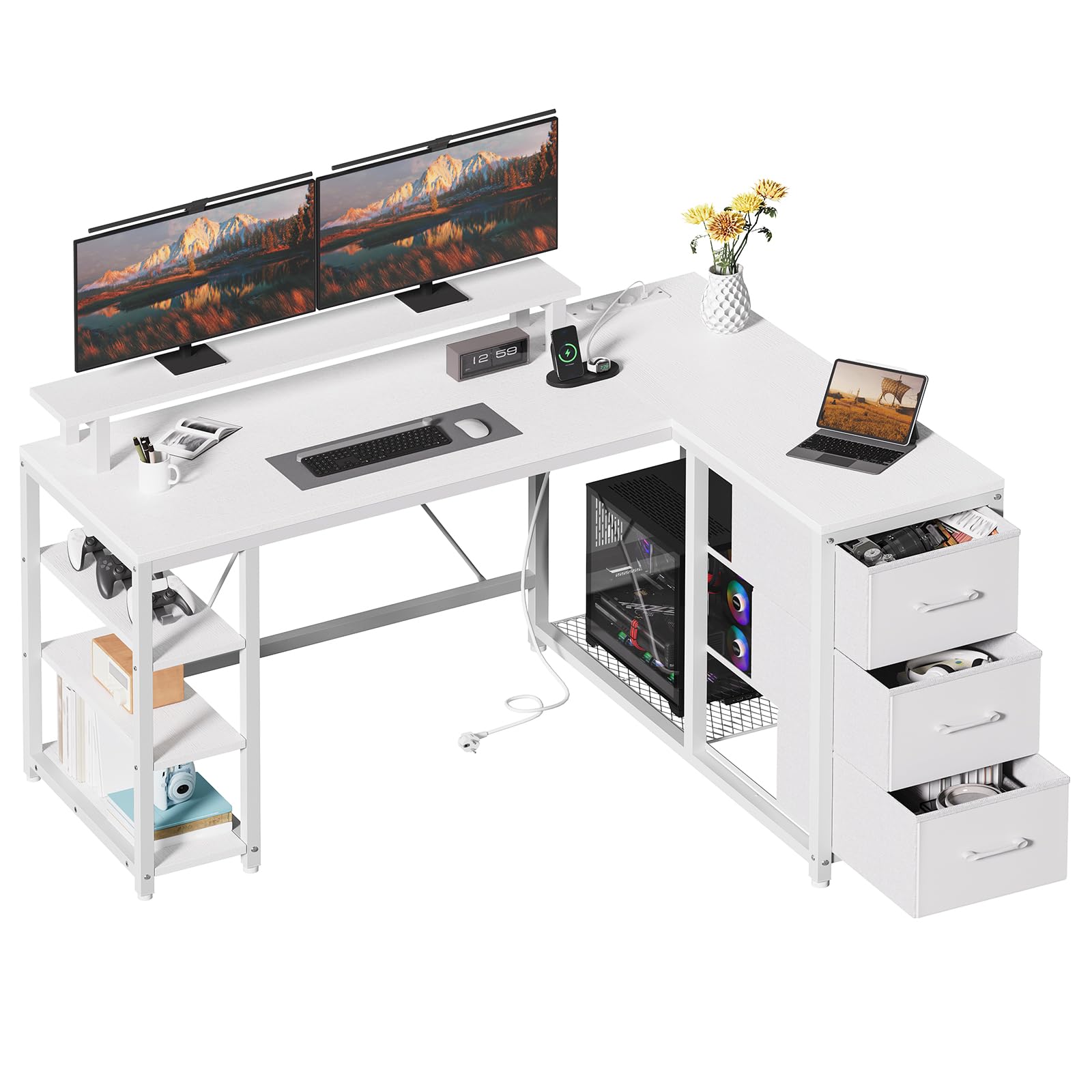 RALGEND Scrivania Angolare con 3 Cassetti, Scrivania ad Angolo con Prese di Corrente e Supporto Monitor, Scrivania Salvaspazio a L con Spazio di Archiviazione per Ufficio, Bianco