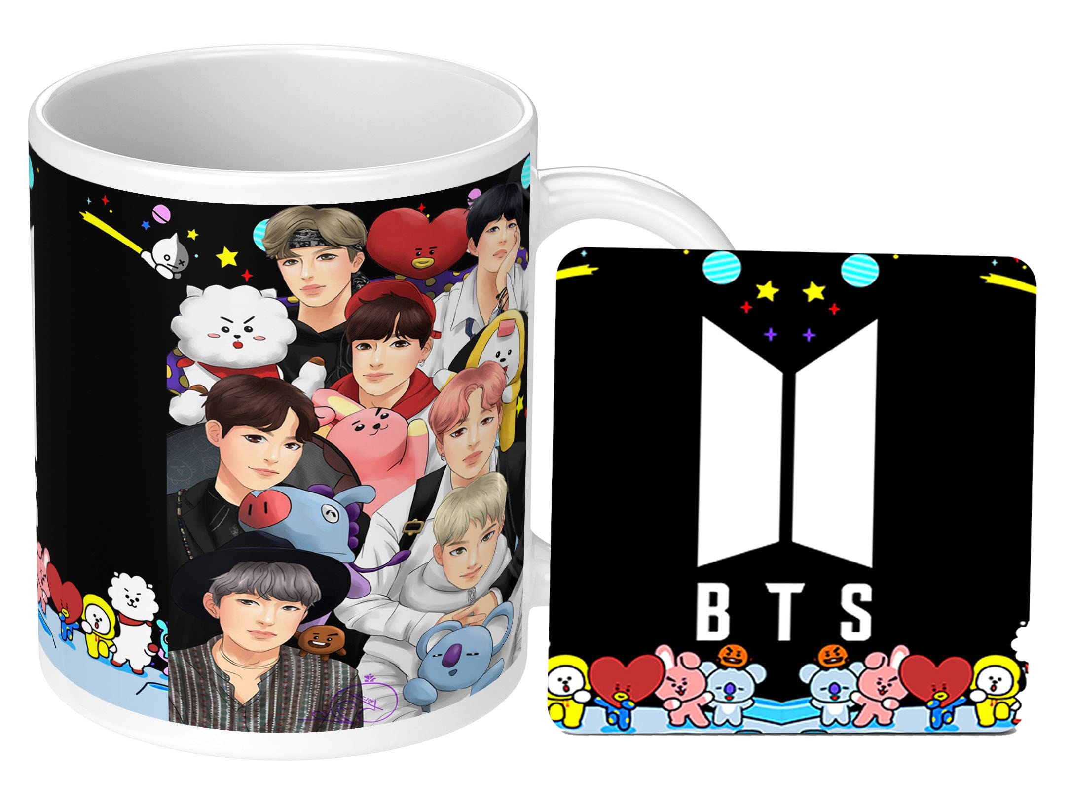 NH10 DESIGNS BTS Printed Coffee Mug (350ml) and BTS Coaster Combo Set of 2 BTS Product for Girls Boys Friends Birthday Gift (BNWMC 6)