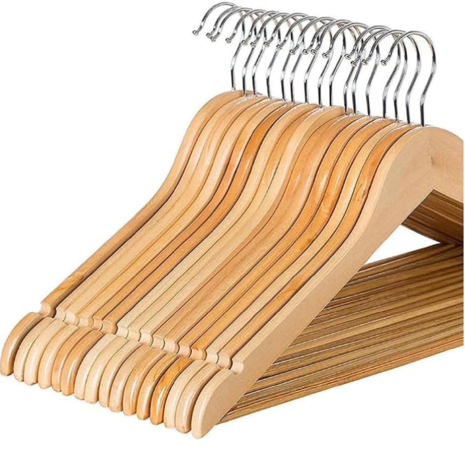 Rainberg Slim Wooden Hangers 60 Pack with Natural Wood Finish, Non-Slip Trouser Bar, 360° Rotating Hook & Shoulder Notches, Extra Smooth Durable Wardrobe Closet Clothes Hangers for Organisation