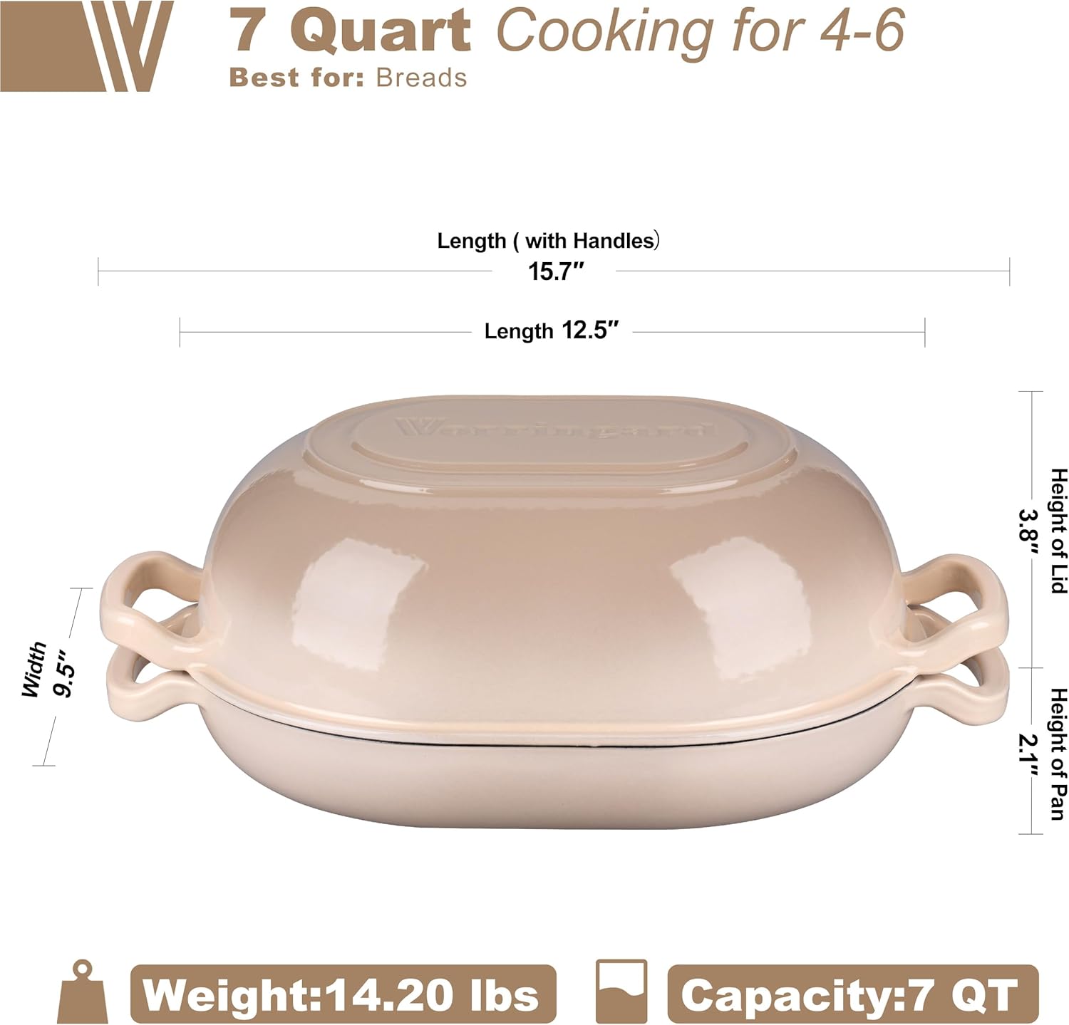 Enameled Cast Iron Sourdough Bread Oven, Dutch Oven, Loaf Cast Iron Bread Pan for Homemade Bread Baking, Meatloaf Pan with Lid, 7QT, Latte - Image 2