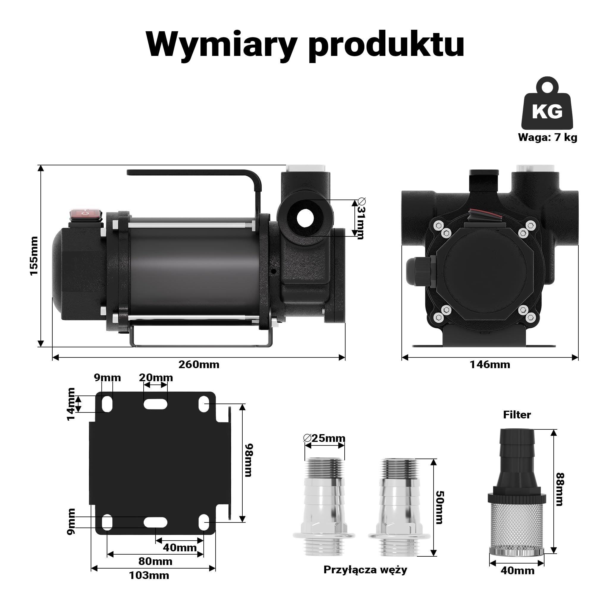 Wiltec Pompa do oleju napędowego, opałowego 550 W 80 l/min, przenośna z zaciskami krokodylkami do akumulatora