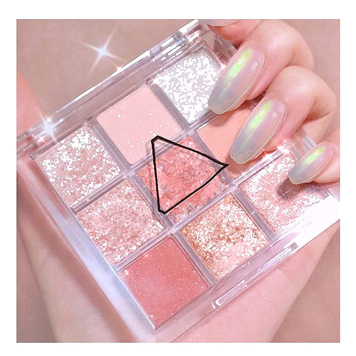 Grindrom9 Colors Shiny Shimmer Eyeshadow Palette High Pigmented Waterproof Glitter Diamond Pigment Creamy Texture Eye Shadow Powder Makeup Cosmetic Matte Sequins (Pink)