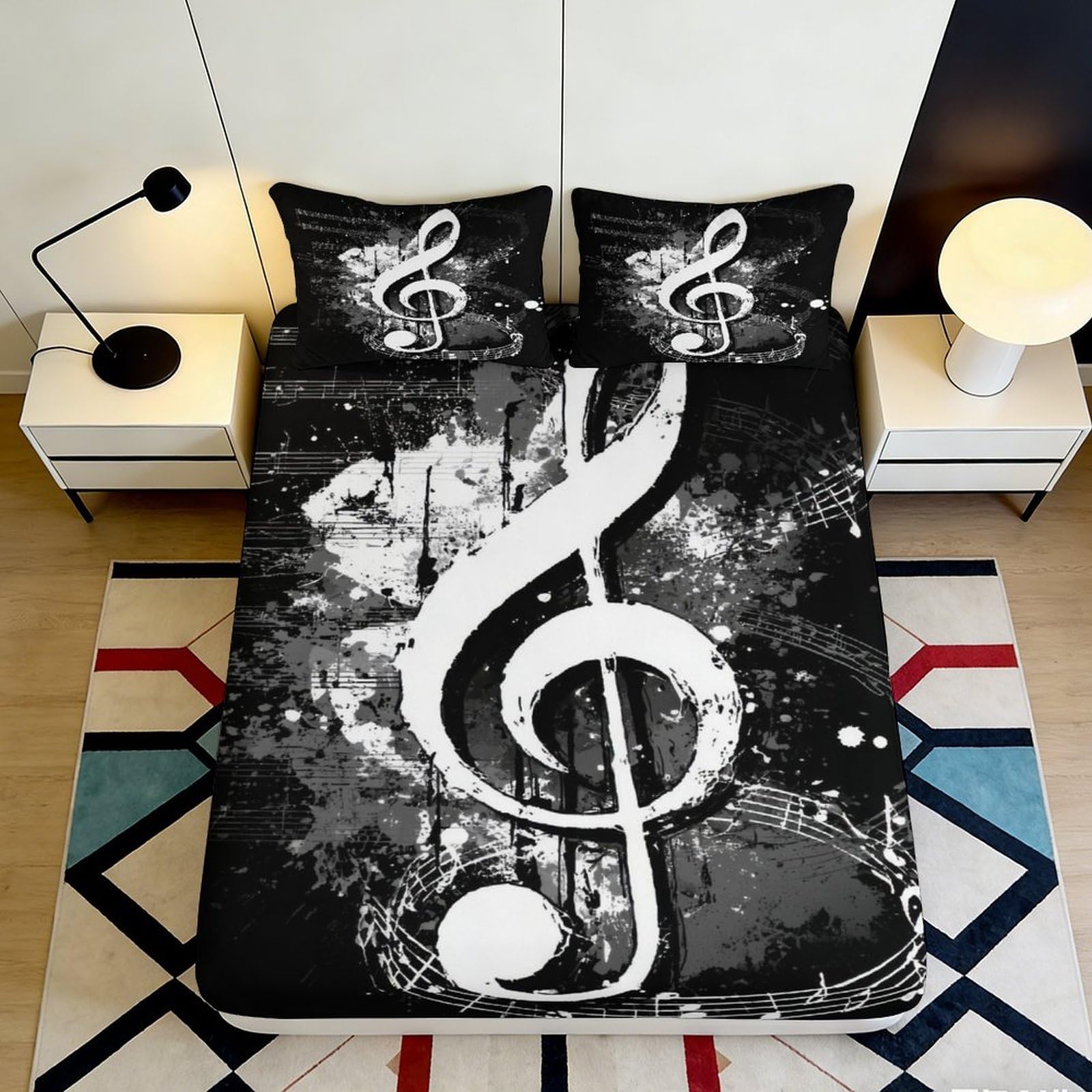 3D Printed Music Note Fitted Sheet Microfiber Black Artistic Bed Cover Bedroom Decor for Adults Teens Mattress Protection 90x200x25cm