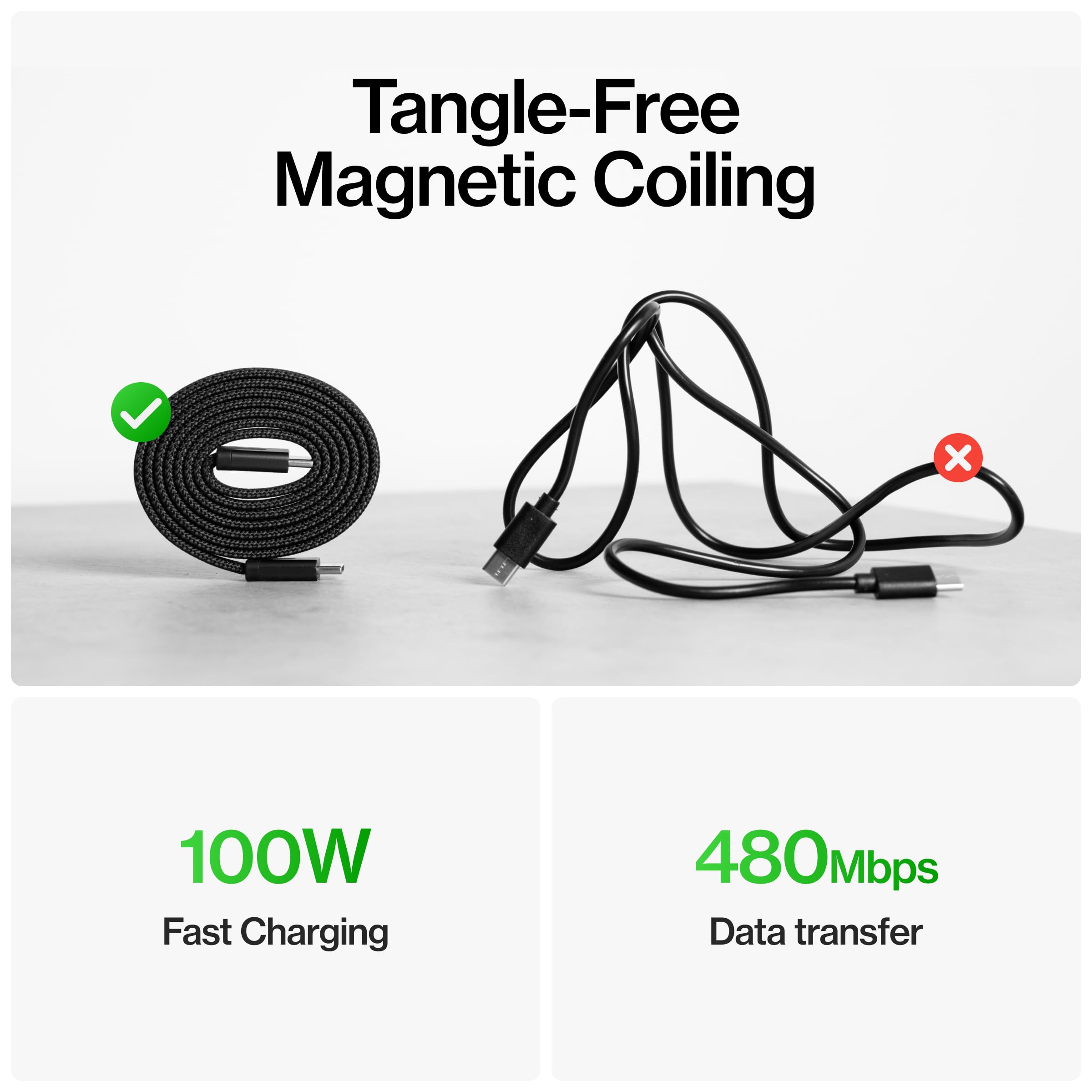 Statik MagStack Slim Pro - Cable USB C a USB C, cable magnético antienredos, cargador plano tipo C, cable de carga rápida, cable de carga magnético, compatible con iPhone 17, Galaxy S24 Ultra, 100 W