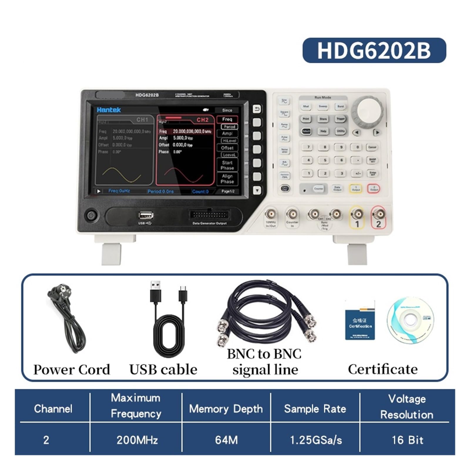HDG6202B Generatore di Forme d'onda arbitrarie a 2 canali Generatore di segnali di Funzione DDS 200mh/z 1,25Gsa64M 16bit