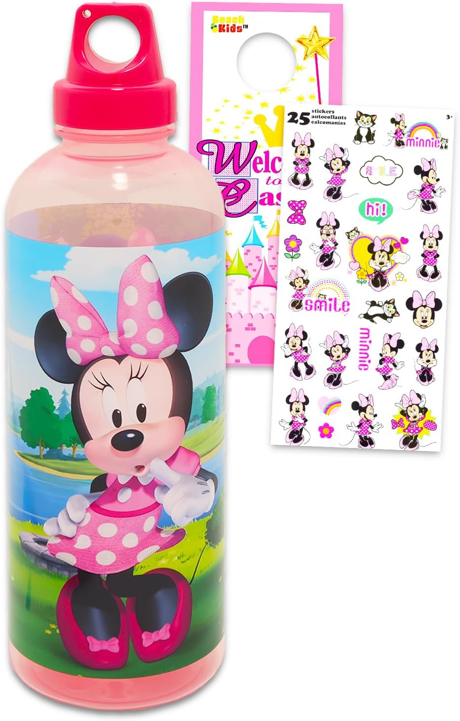 Disney Minnie Mouse Sports Water Bottle Set – Bundle of 30oz Reusable Plastic Tumbler Cup with Twist Top, Sticker, More | Minnie School Supplies