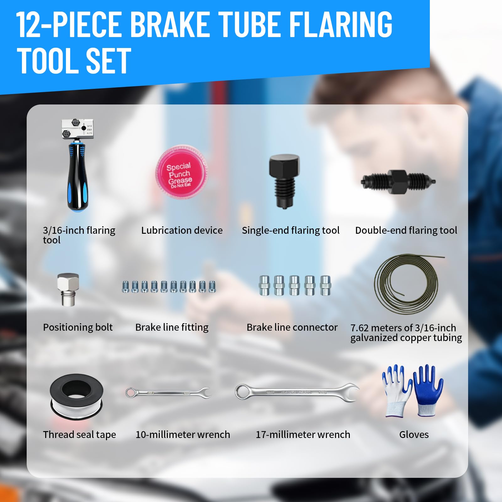 Herramienta de Rebordeo para líneas de Freno DIN con Cable de Freno de 4,75 mm, 5 Conexiones+Cinta de Sellado PTFE, Llave y Guantes para Sistemas de Frenos hidráulicos de vehículos