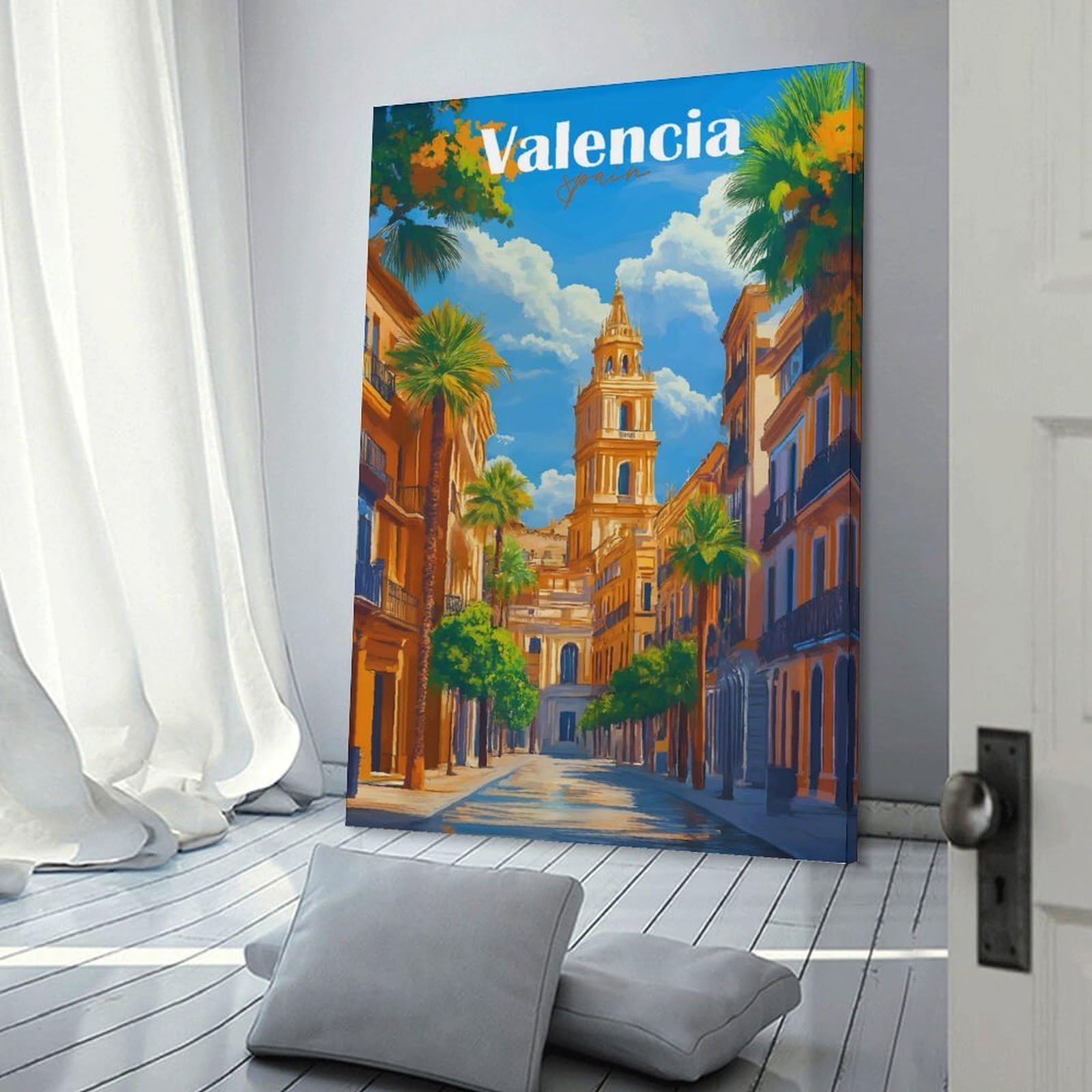 Junmoney Valencia Spain View Painting Room Decor Wall Art, 24x36inch(60x90cm), for Living Room, Lounge Or Sitting Room, A Home Accent with Warm Character