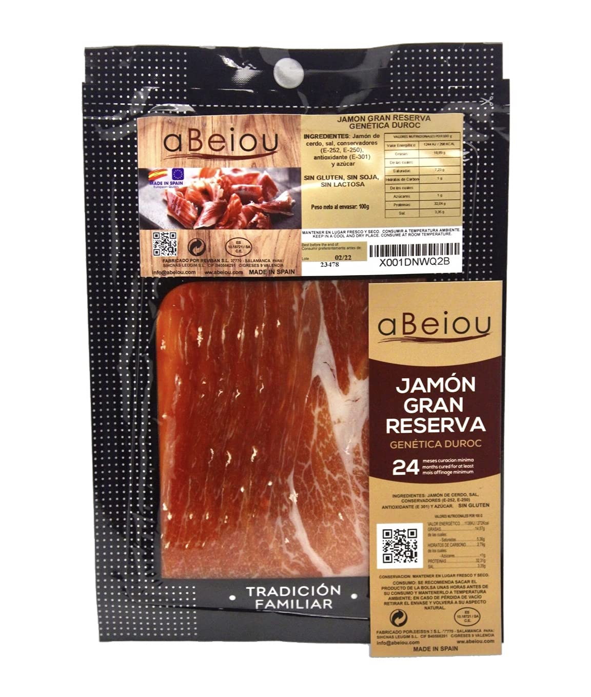 100gr SLICED Great Reserve DUROC Premium Boneless HAM. Spanish Serrano. Matured +24-25 Months (Vacuum-Packed ham) Manufactured in Guijuelo (Spain). 100gr. Envelope.
