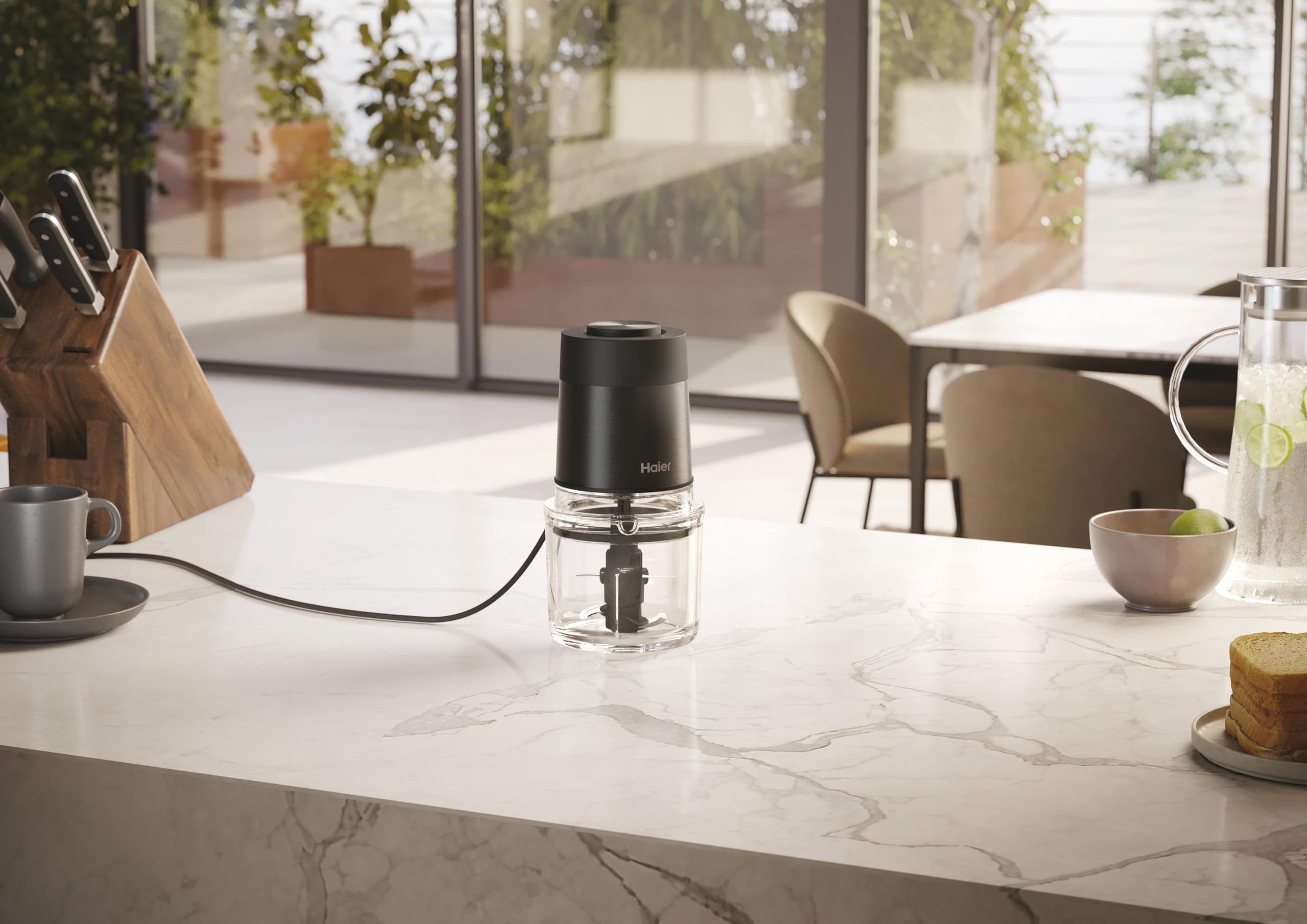 Haier Rozdrabniacz 550 W I krajalnica do warzyw ze szklaną miską 0,5 l I z 2 poziomami prędkości I krajalnica do cebuli i rozdrabniarka do warzyw I wielofunkcyjna rozdrabniarka z antypoślizgowym dnem