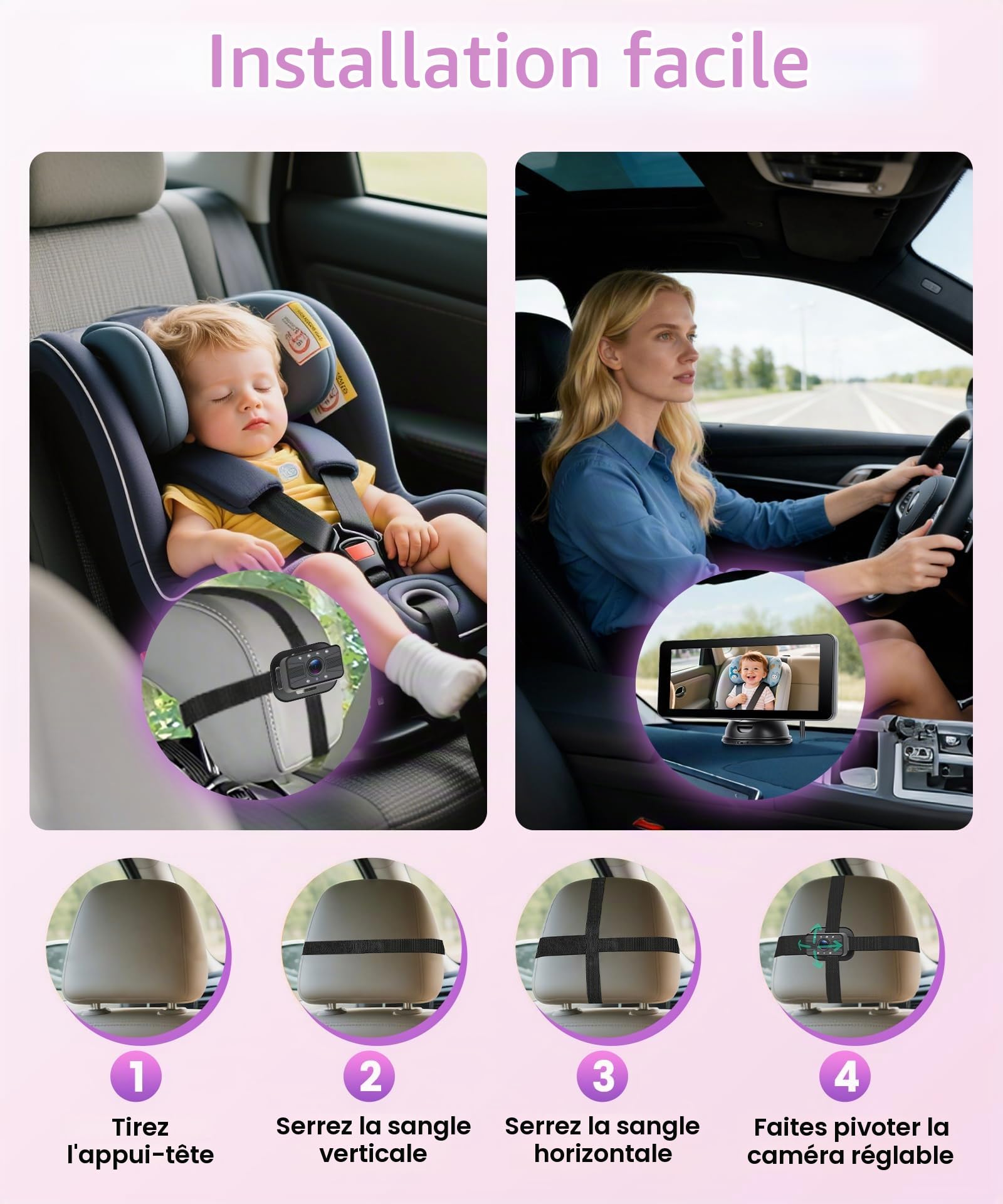Camera Voiture pour Bébé pour Enfants avec Caméra de Recul de plaque d'immatriculation, 6,86 Pouces Écrans Partagés, Miroir Voiture Bébé 1080P Retroviseur Voiture Bebe Rotative 360° IR Vision Nocturne