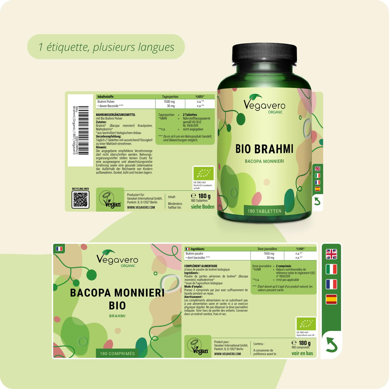 Bacopa Monnieri BIO Vegavero® | 180 Comprimés | Nootropic : Mémoire + Focus | Unique : Brahmi BIOLOGIQUE Avec Bacosides | Vegan