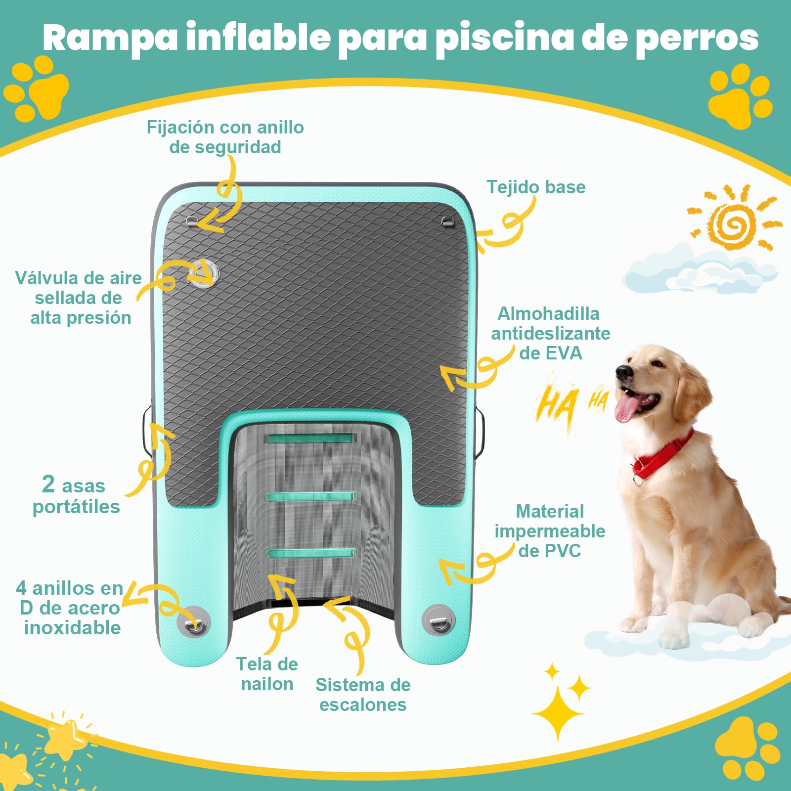 120 x 82 cm Rampa de Agua Hinchable para Perros, Resistente a los Desgarros y Duradera, Rampa Hinchable para Perros de hasta 100kg, Ideal para el Verano, Piscinas, Barcos, Muelles y Lagos